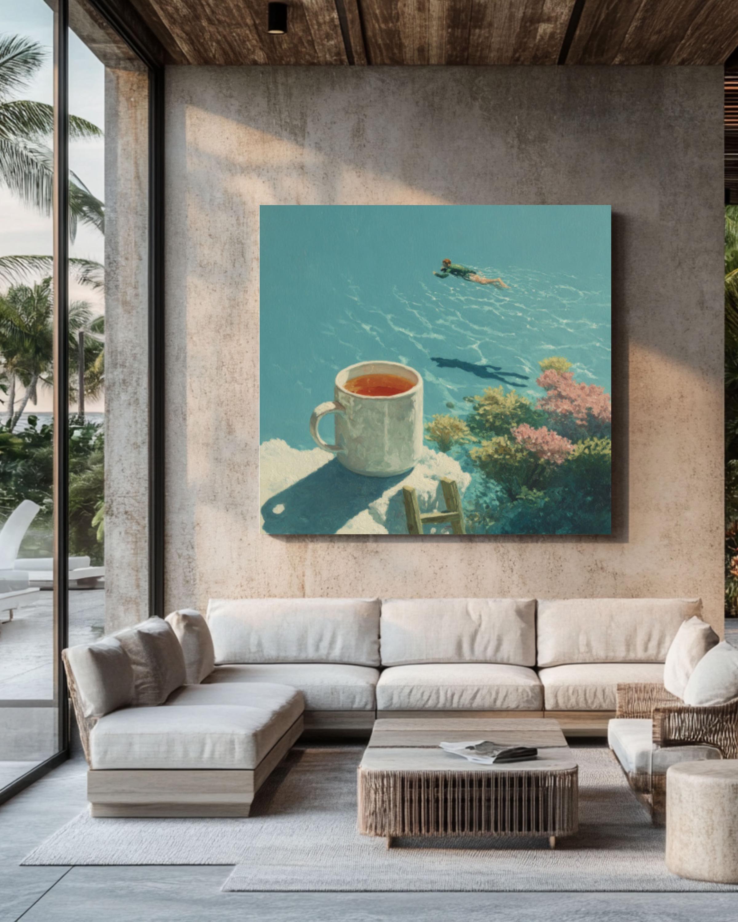 Surreal Coffee Cup Dive Wall Art – Artistic Swimming Canvas Print