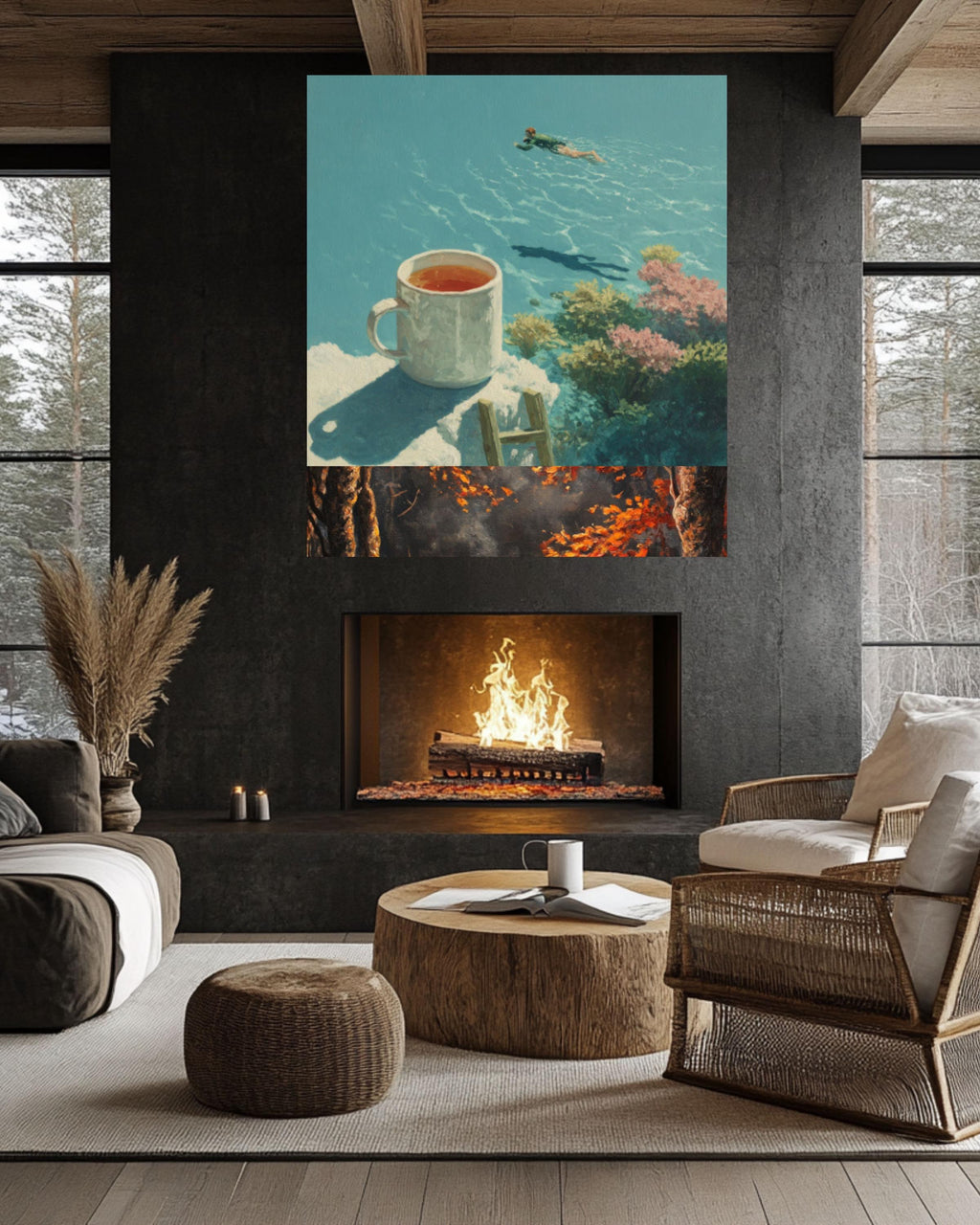 Surreal Coffee Cup Dive Wall Art – Artistic Swimming Canvas Print