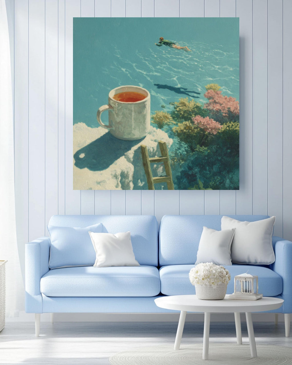 Surreal Coffee Cup Dive Wall Art – Artistic Swimming Canvas Print