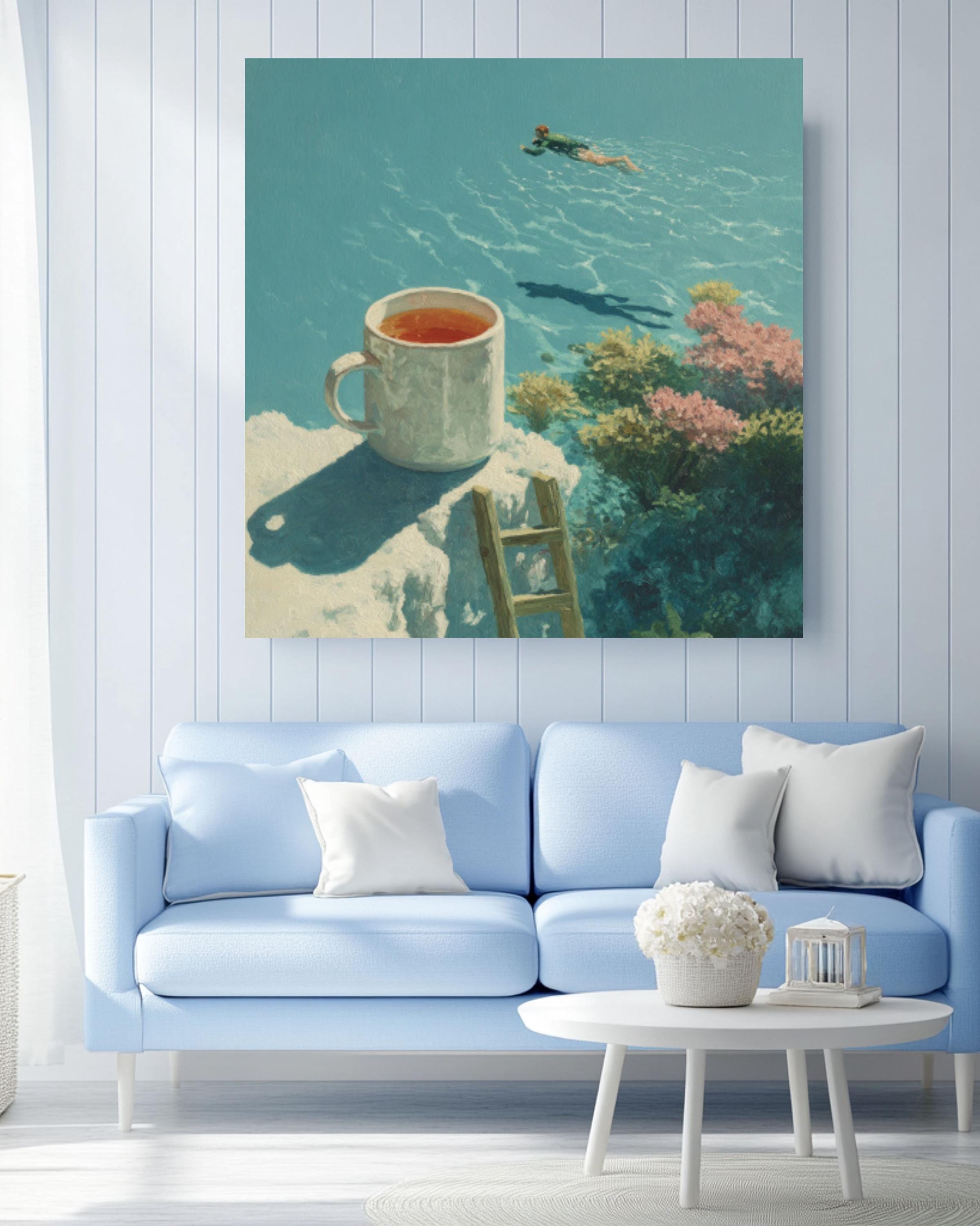 Surreal Coffee Cup Dive Wall Art – Artistic Swimming Canvas Print