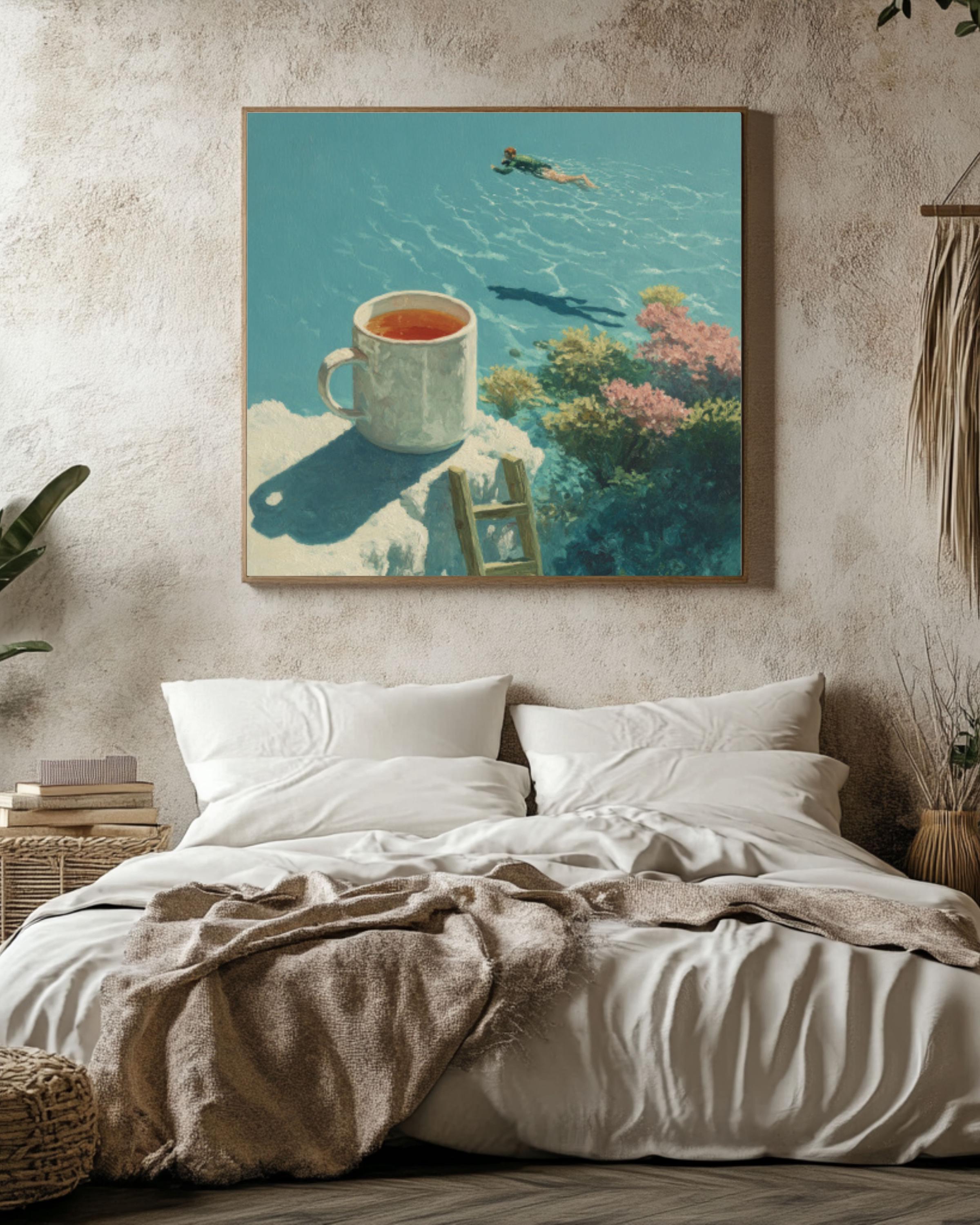 Surreal Coffee Cup Dive Wall Art – Artistic Swimming Canvas Print