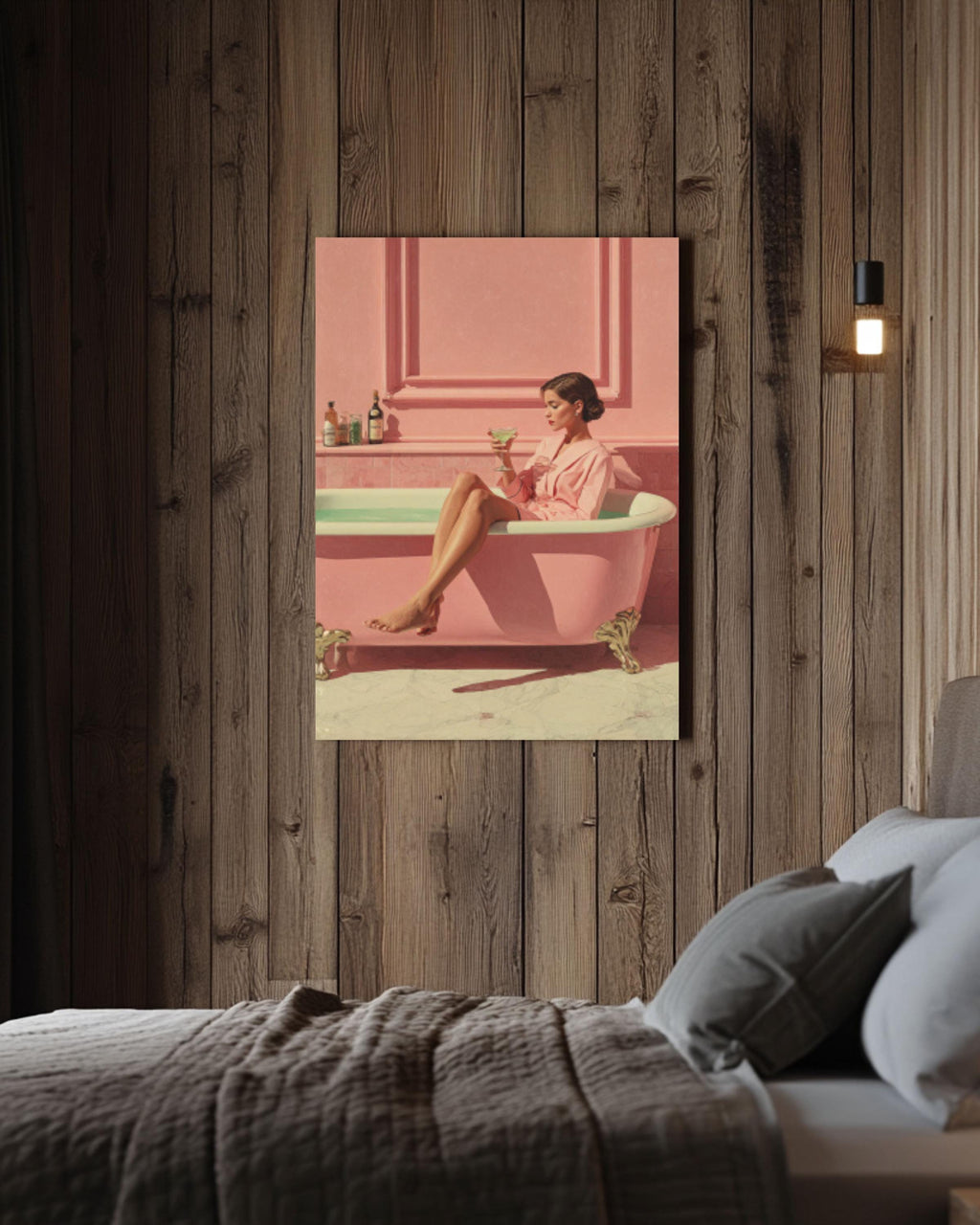 Elegant Woman in Pink Bathtub Canvas Art – Pastel Decor
