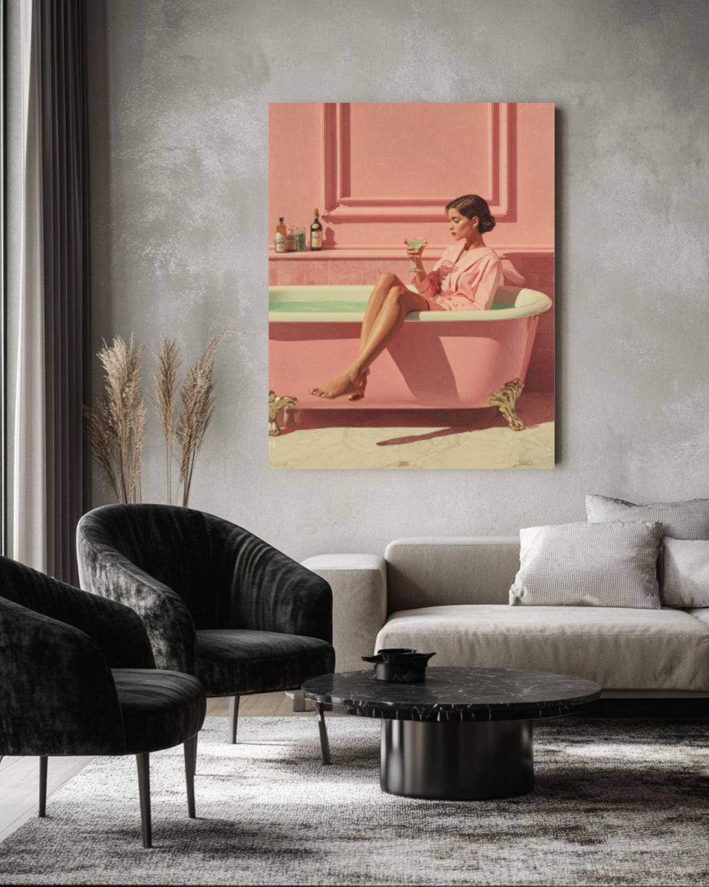 Elegant Woman in Pink Bathtub Canvas Art – Pastel Decor