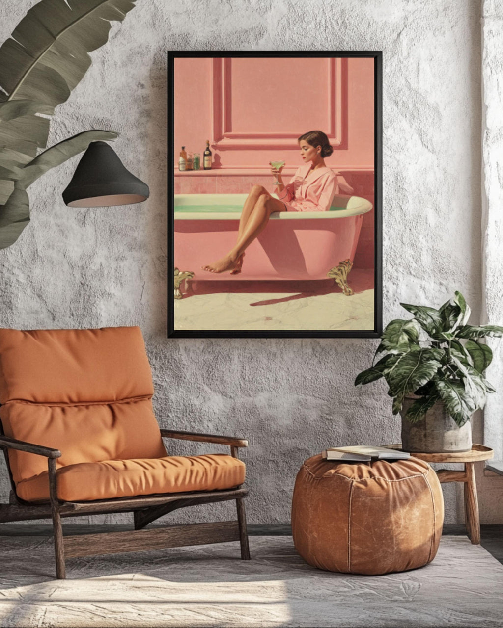 Elegant Woman in Pink Bathtub Canvas Art – Pastel Decor