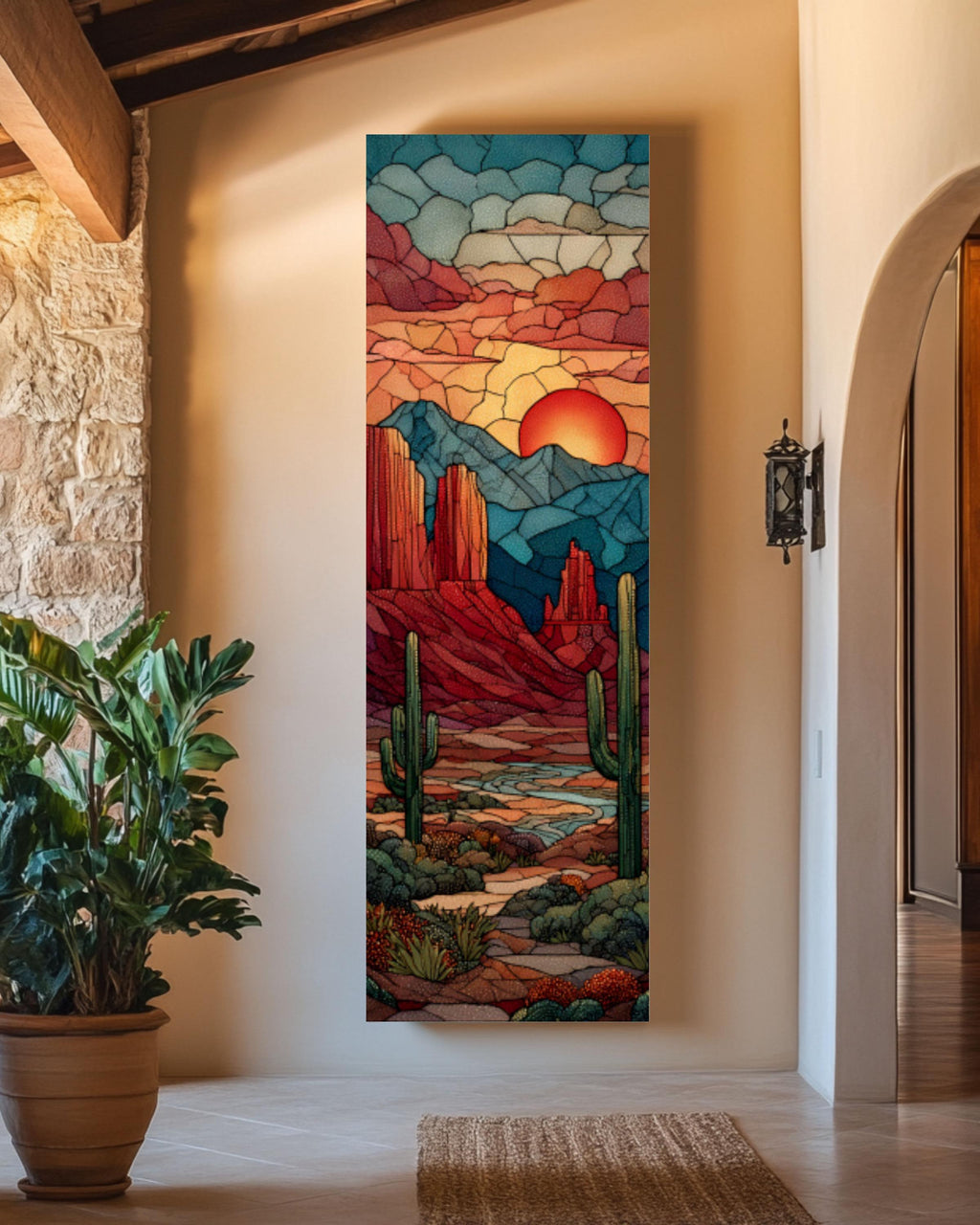 Stained Glass Desert Landscape Wall Art | Southwestern Canvas Print
