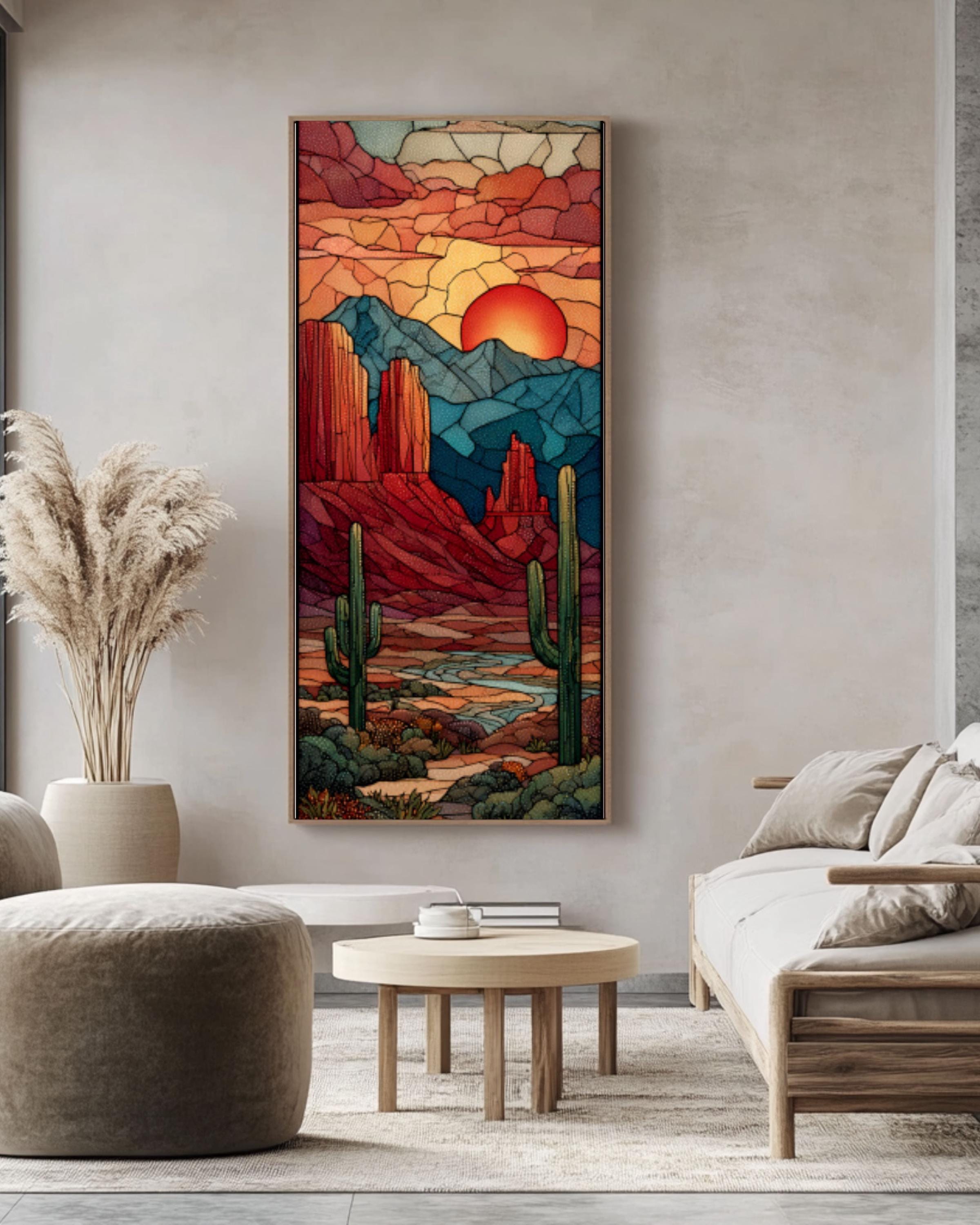 Stained Glass Desert Landscape Wall Art | Southwestern Canvas Print