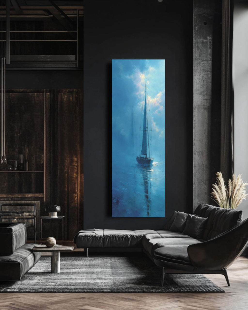 Abstract Sailboat Wall Art | Light Blue Foggy Seascape Canvas Print