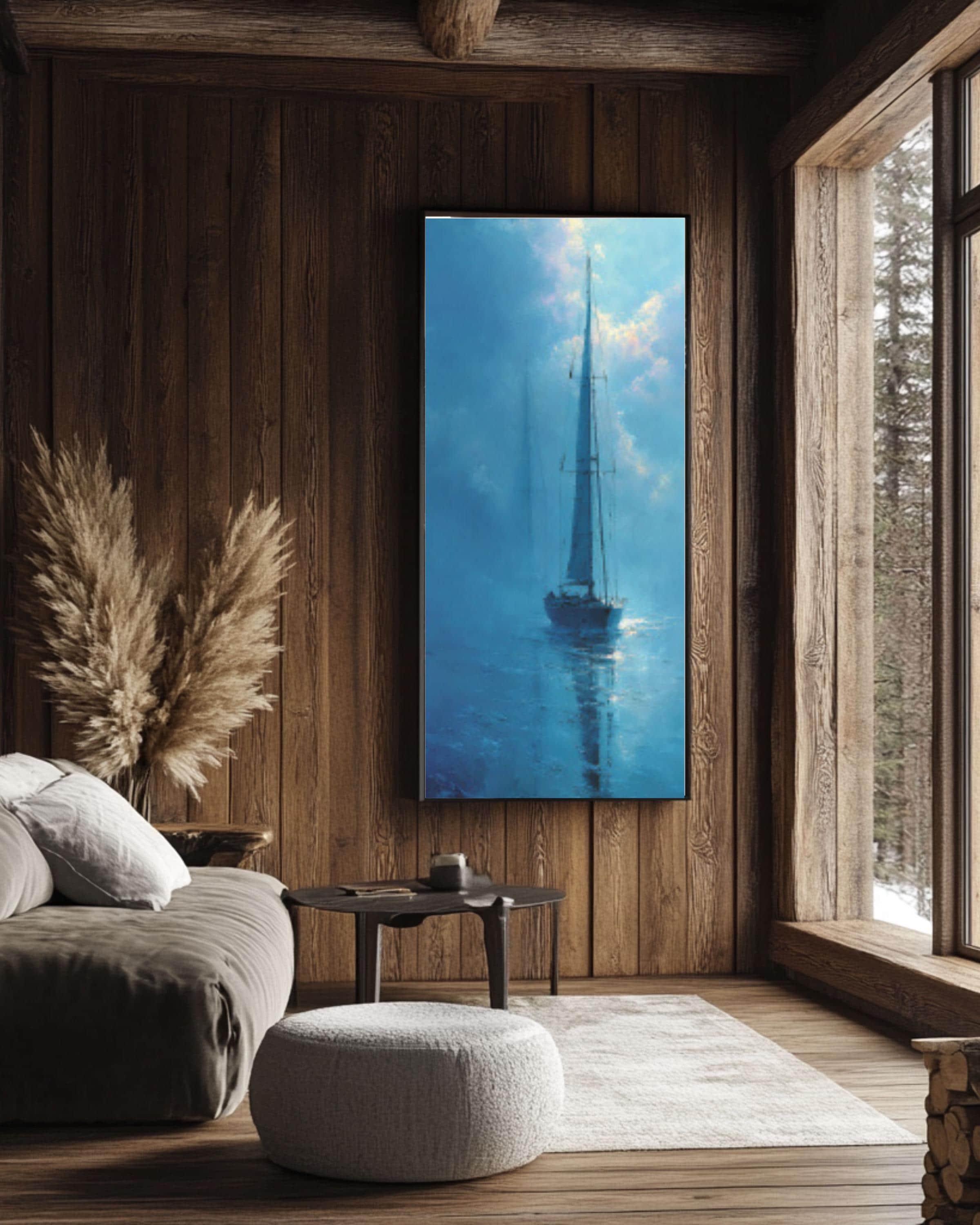 Abstract Sailboat Wall Art | Light Blue Foggy Seascape Canvas Print