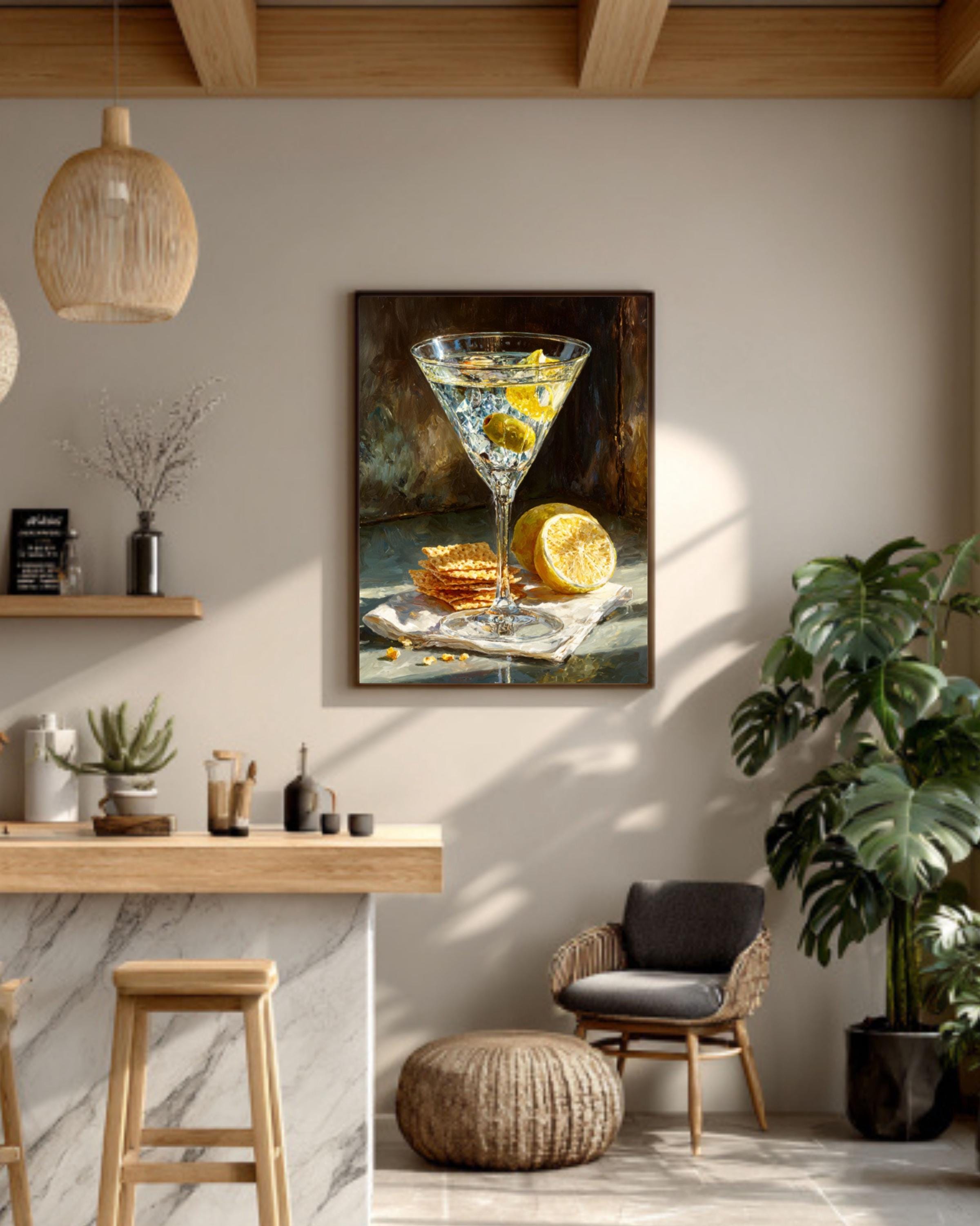 Martini Glass Wall Art | Vintage Bar Decor Print | Olive Lemon Still Life