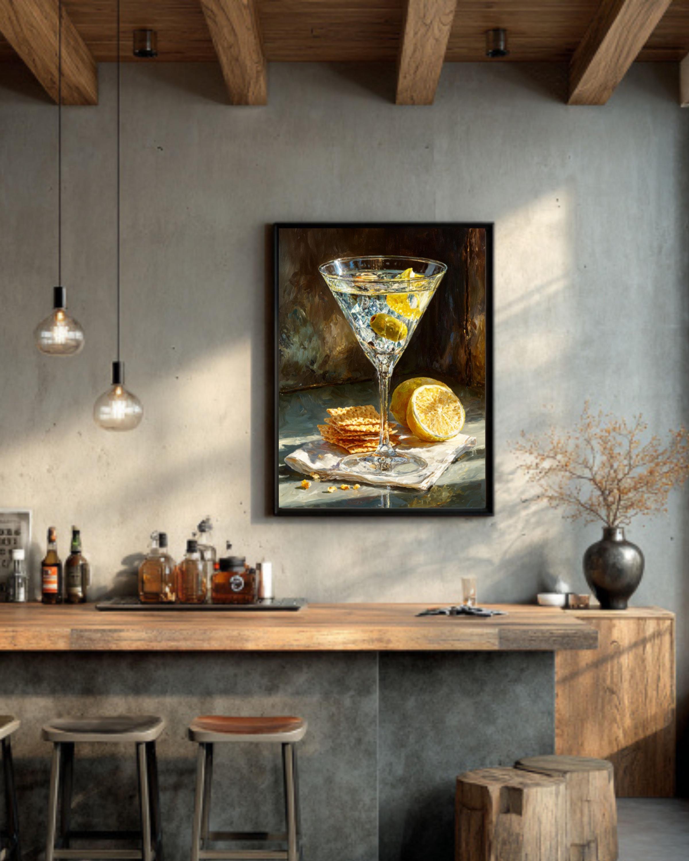 Martini Glass Still Life Art: Olive, Lemon, Crackers - Vintage Bar Decor for home and office wall décor