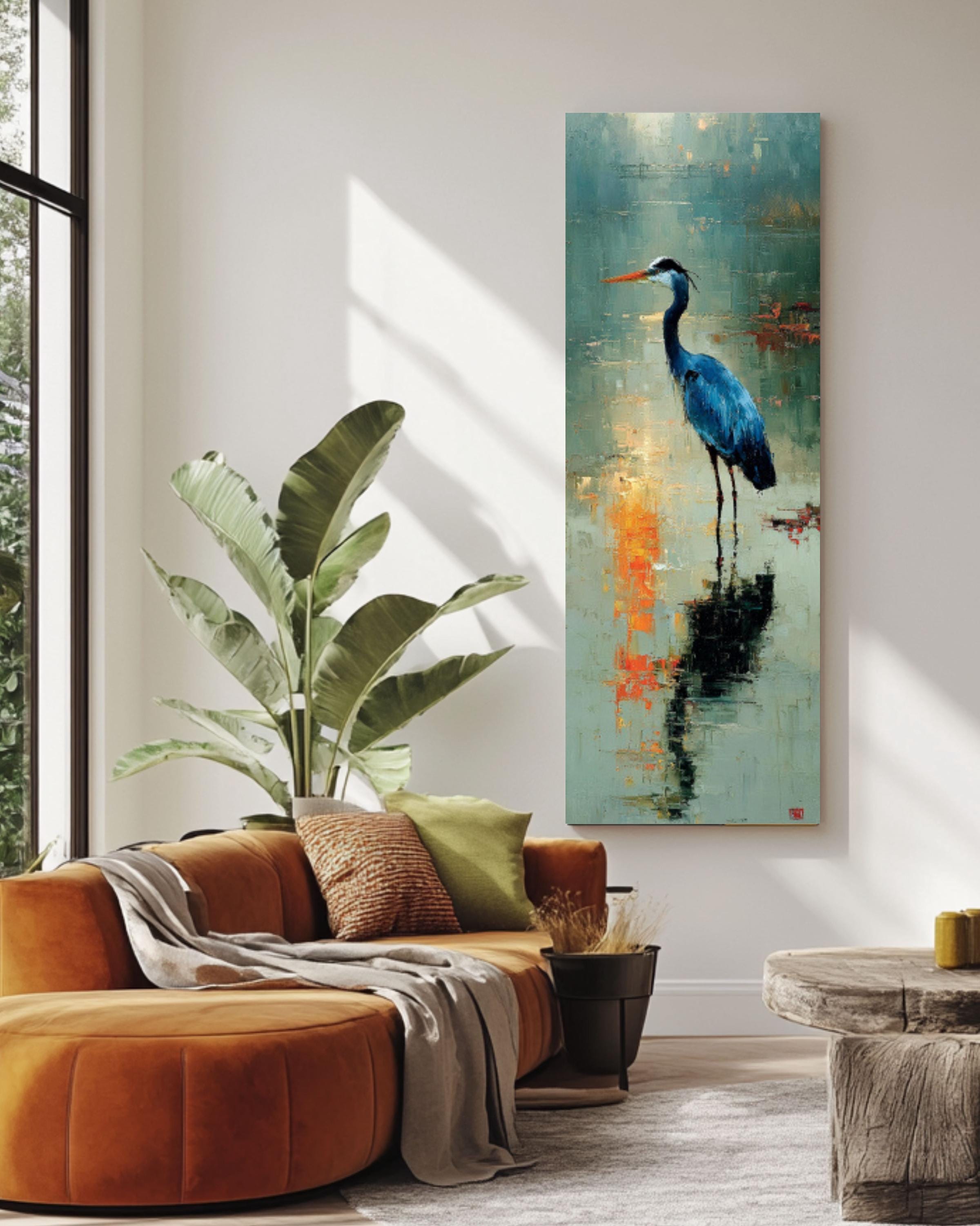 Blue Heron Wall Art Canvas | Painterly Impressionist Style Bird Print