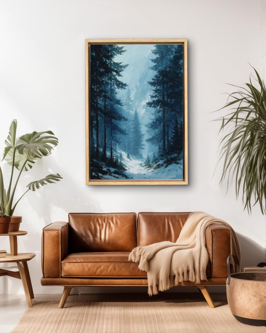 Winter Pine Forest Landscape Canvas Wall Art – Moody Blue Oil Painting