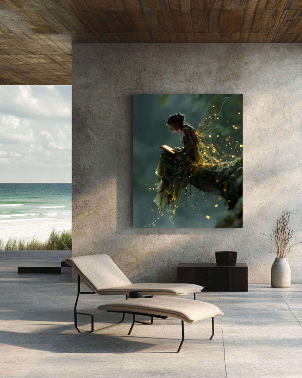 Fairy Reading in Forest Canvas Wall Art – Magical Fantasy Illustration