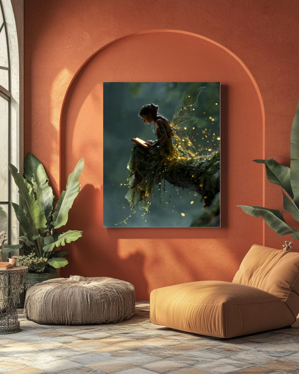 Fairy Reading in Forest Canvas Wall Art – Magical Fantasy Illustration