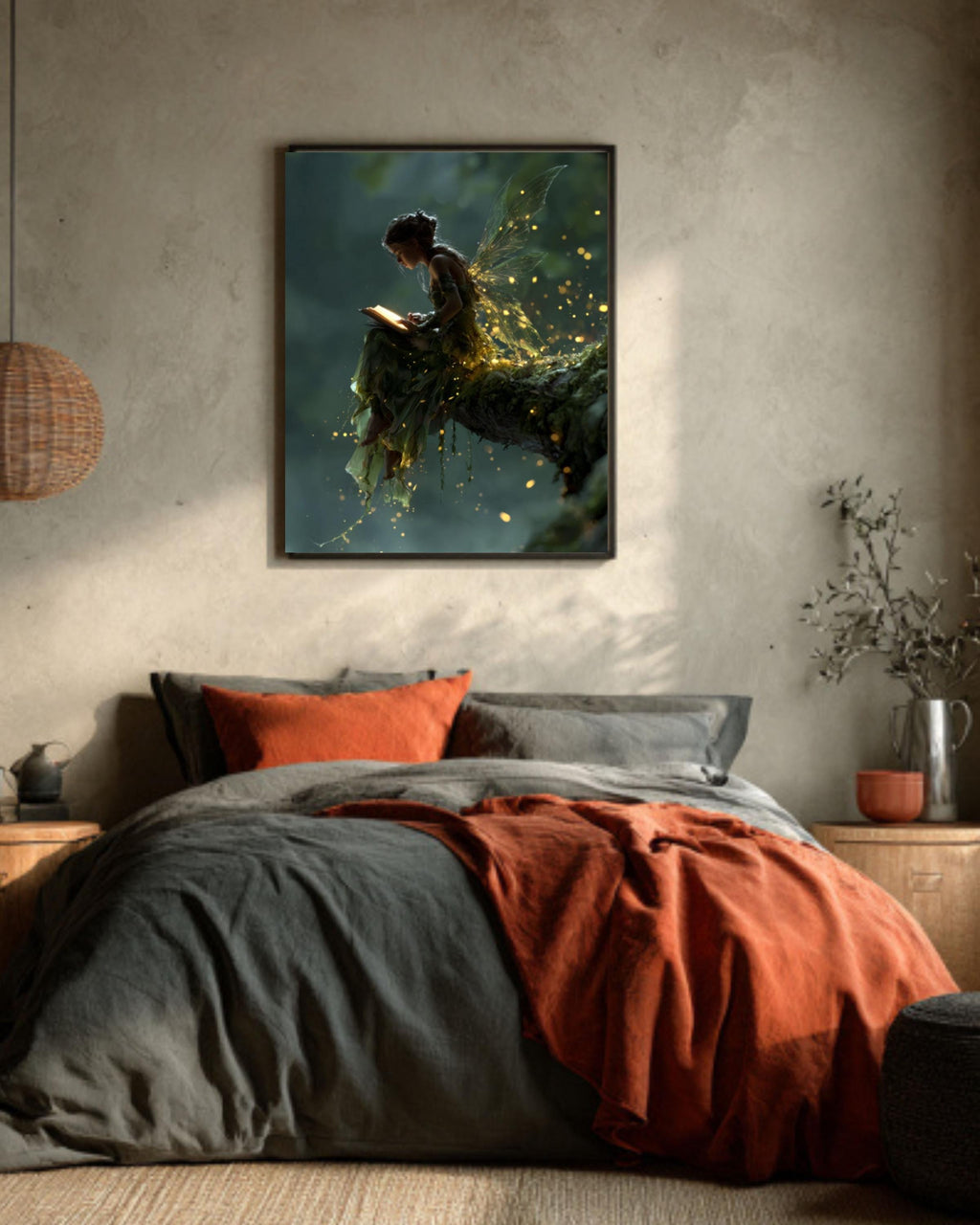 Fairy Reading in Forest Canvas Wall Art – Magical Fantasy Illustration