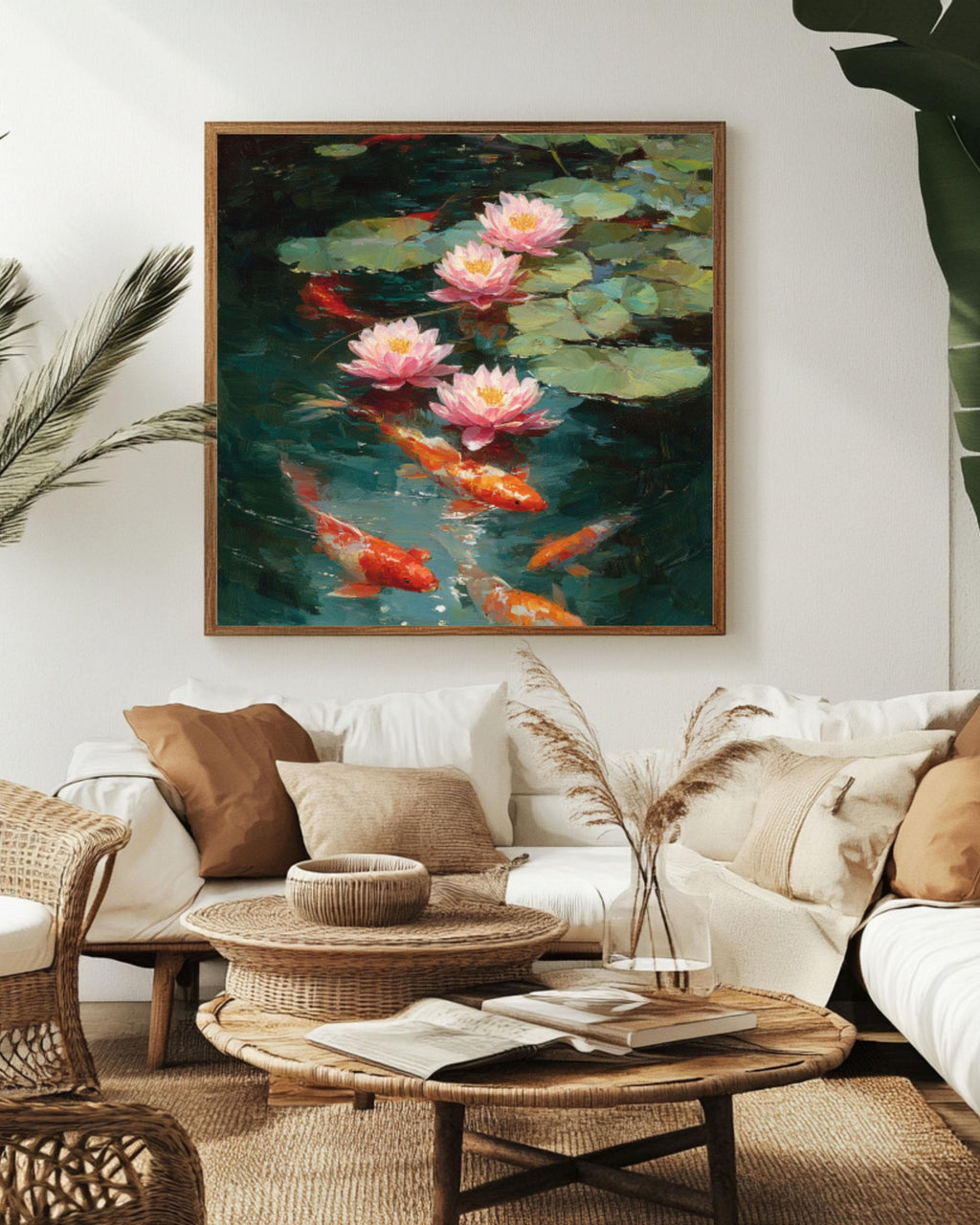 Koi Fish and Lotus Flowers Impressionist Canvas Wall Art – Asian Décor