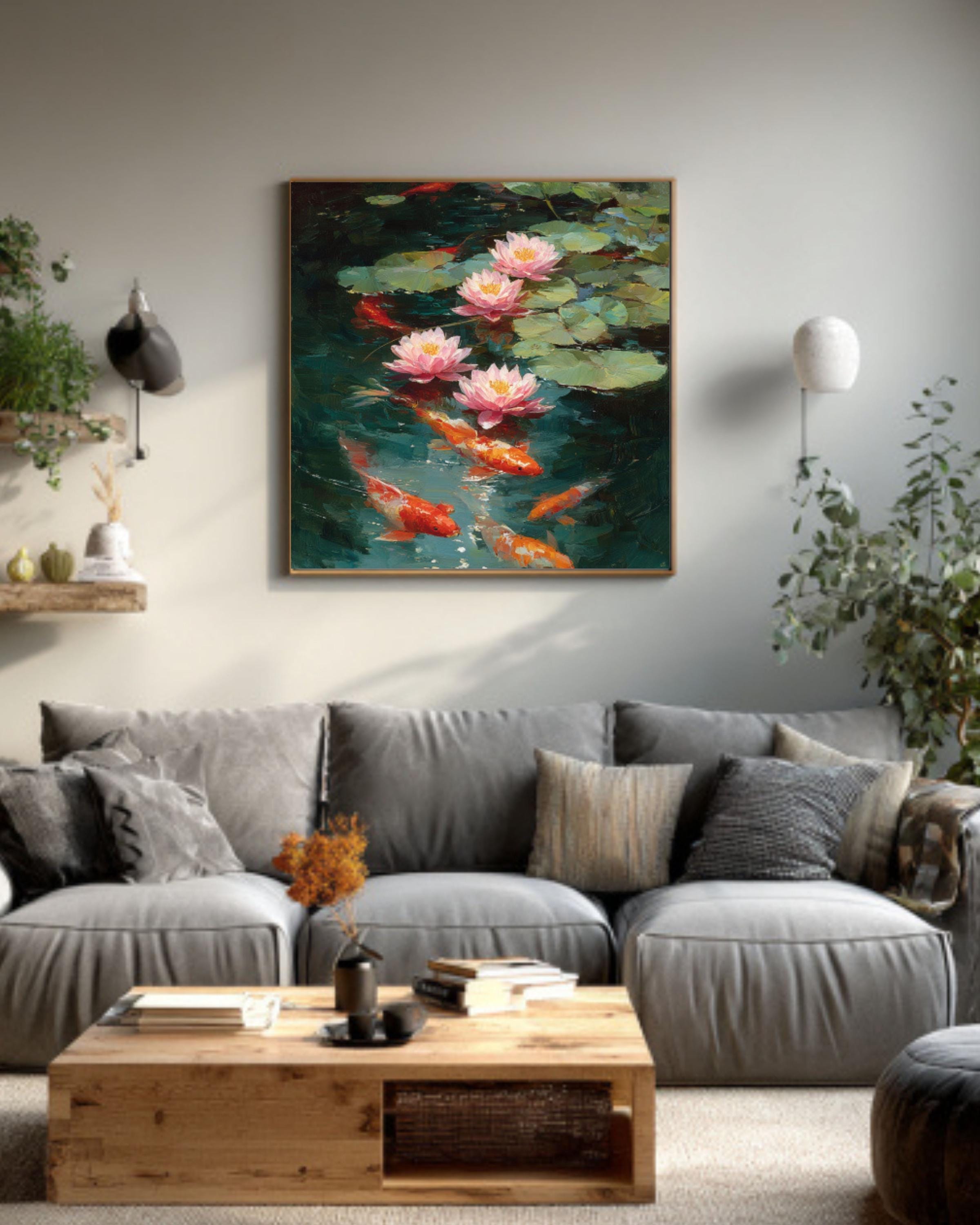 Koi Fish and Lotus Flowers Impressionist Canvas Wall Art – Asian Décor