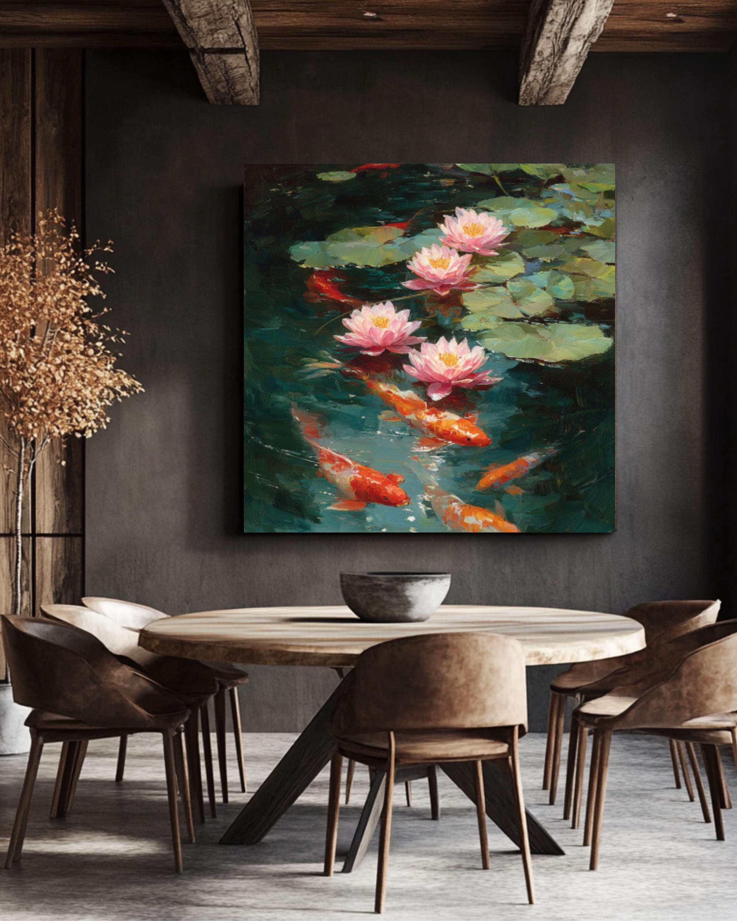 Koi Fish and Lotus Flowers Impressionist Canvas Wall Art – Asian Décor