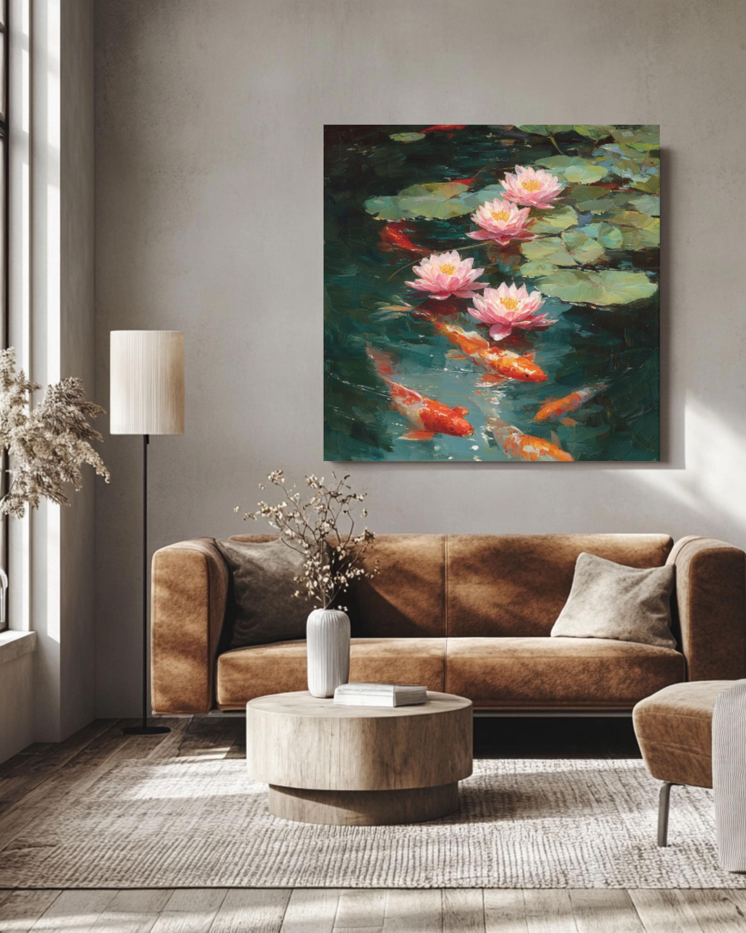 Koi Fish and Lotus Flowers Impressionist Canvas Wall Art – Asian Décor