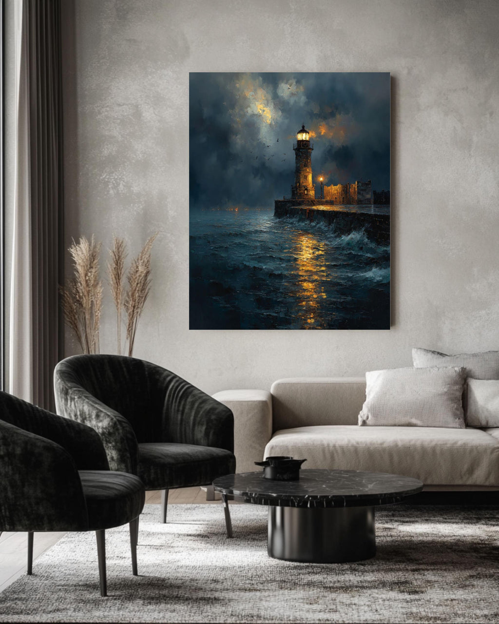 Stormy Lighthouse Seascape Canvas Wall Art – Dramatic Ocean Painting