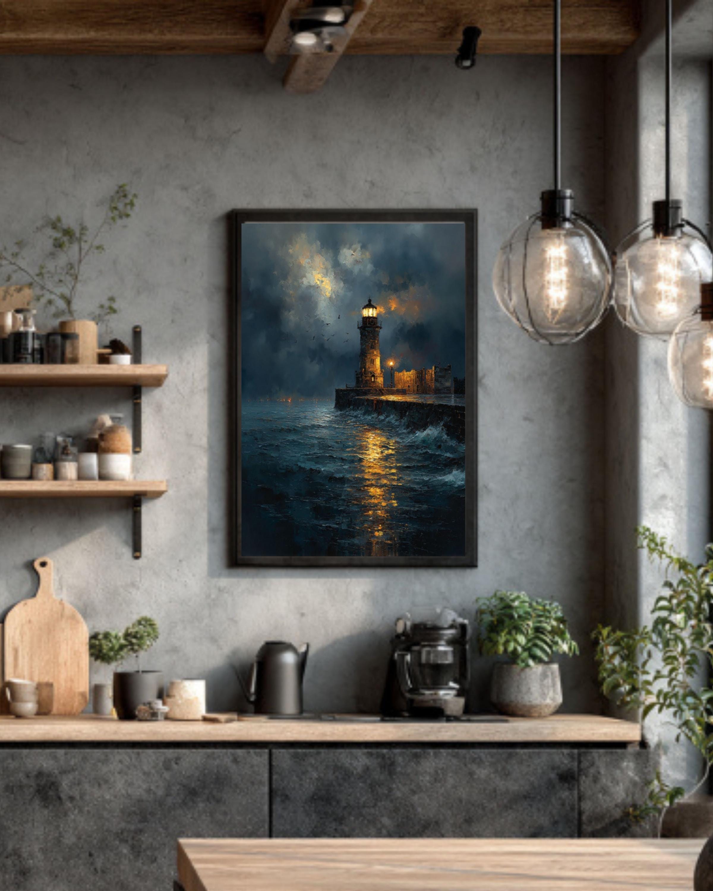 Stormy Lighthouse Seascape Canvas Wall Art – Dramatic Ocean Painting