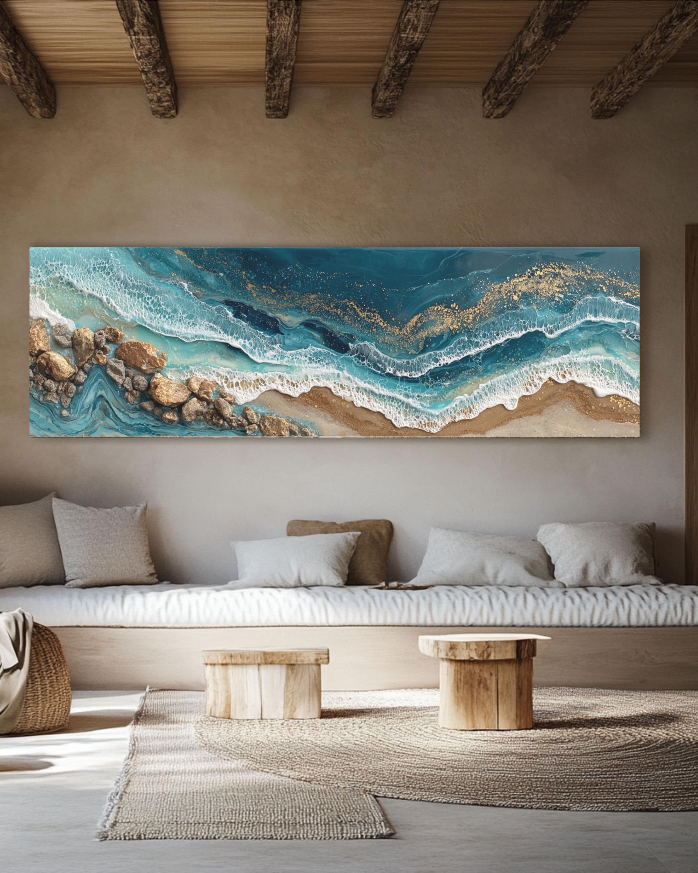 Abstract Ocean Wave Alcohol Ink Canvas Art – Gold Accent