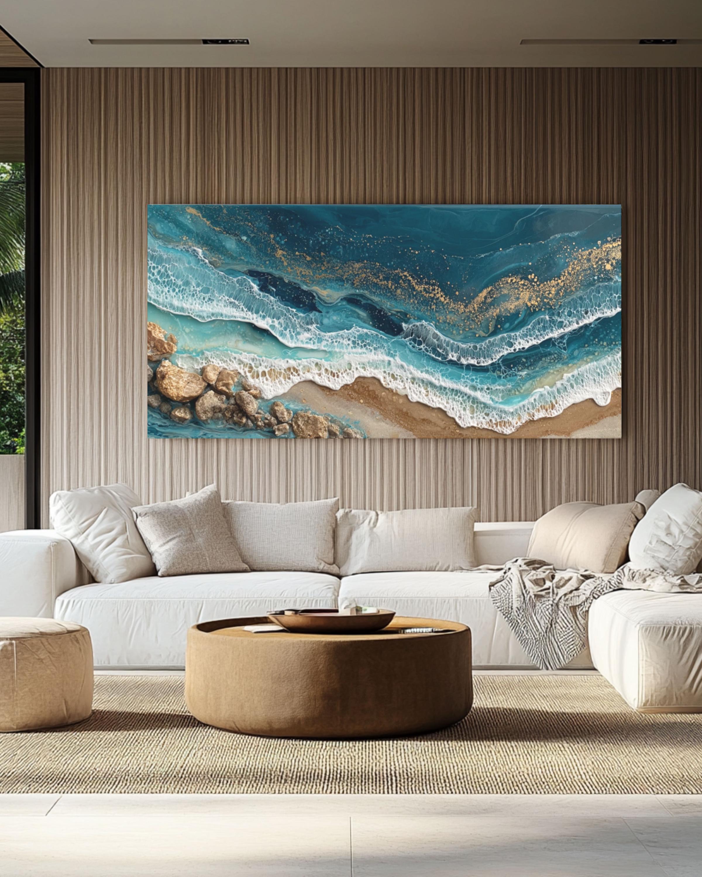 Abstract Ocean Wave Alcohol Ink Canvas Art – Gold Accent