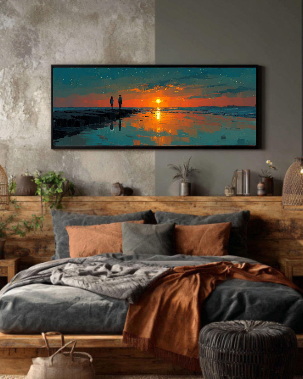 Teal & Orange Sunset Seascape Canvas Art – Modern Coastal