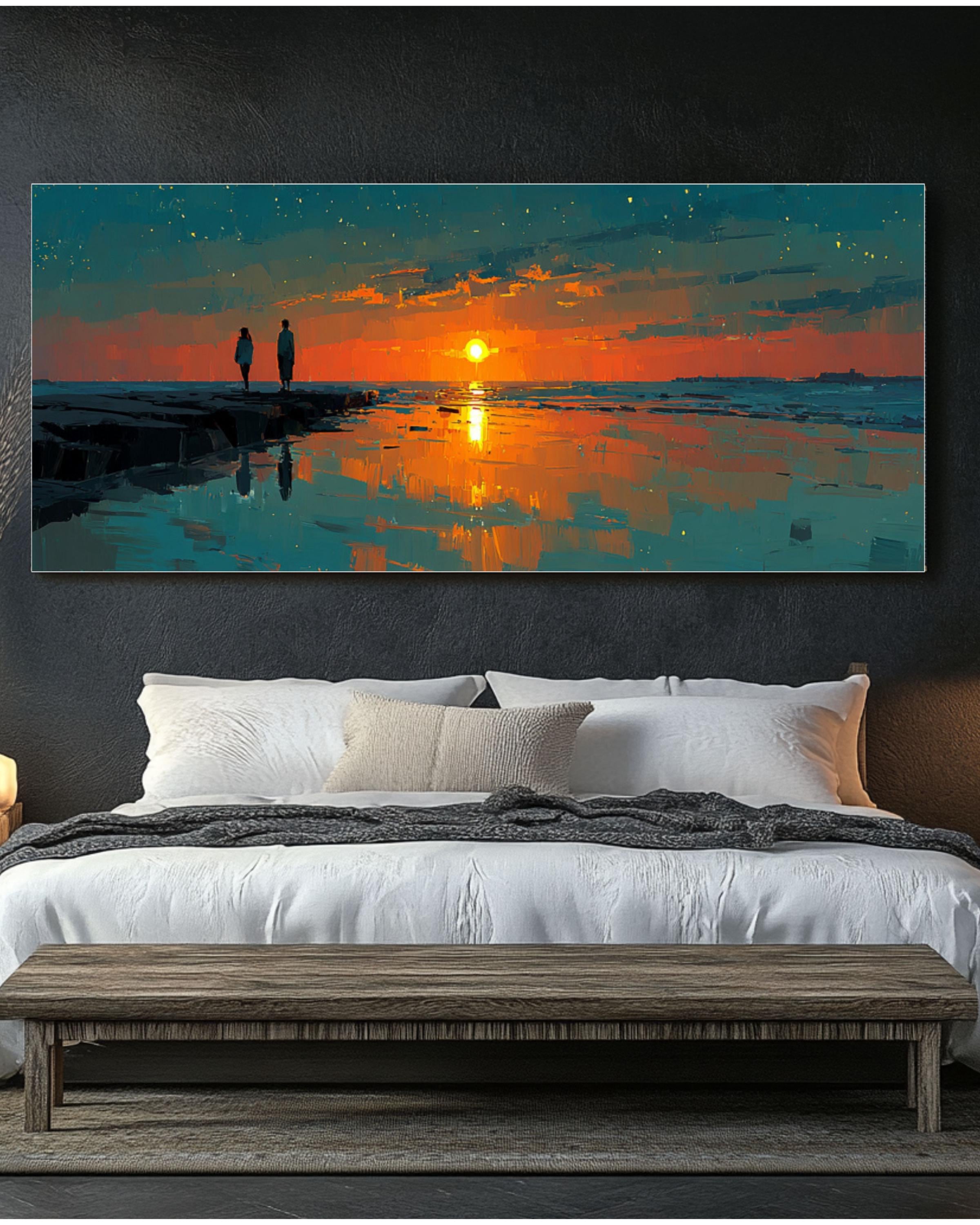 Teal & Orange Sunset Seascape Canvas Art – Modern Coastal