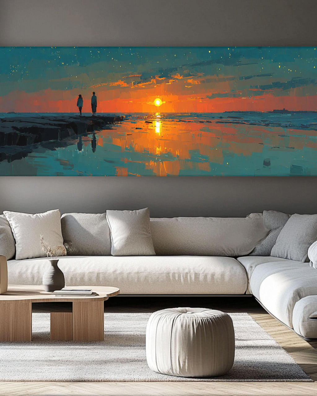 Teal & Orange Sunset Seascape Canvas Art – Modern Coastal