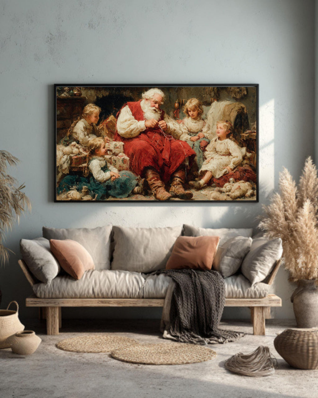 Vintage Santa Christmas Canvas Art – Holiday Cottage Scene