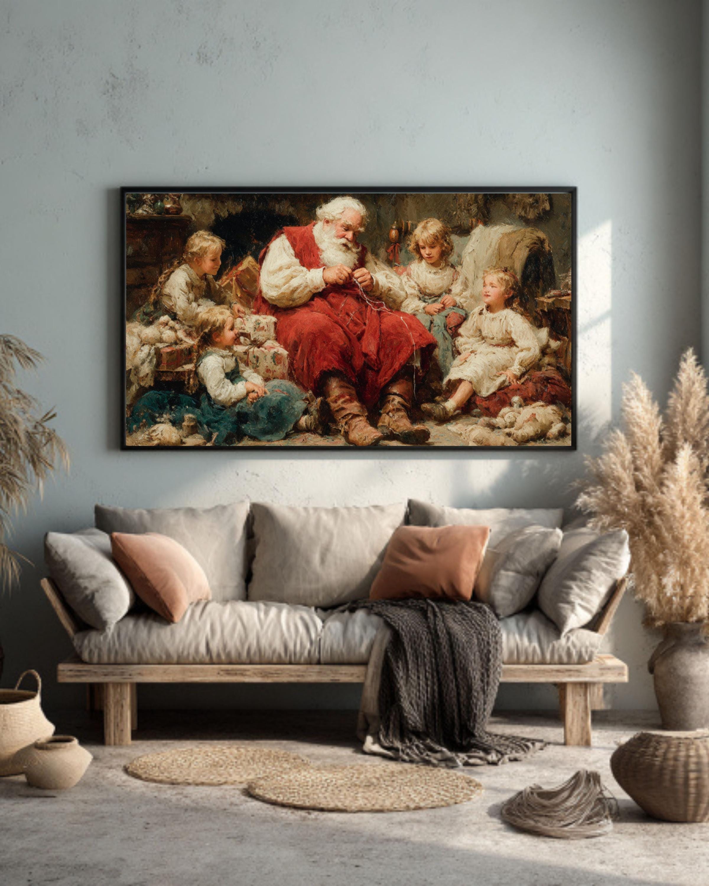 Vintage Santa Christmas Canvas Art – Holiday Cottage Scene