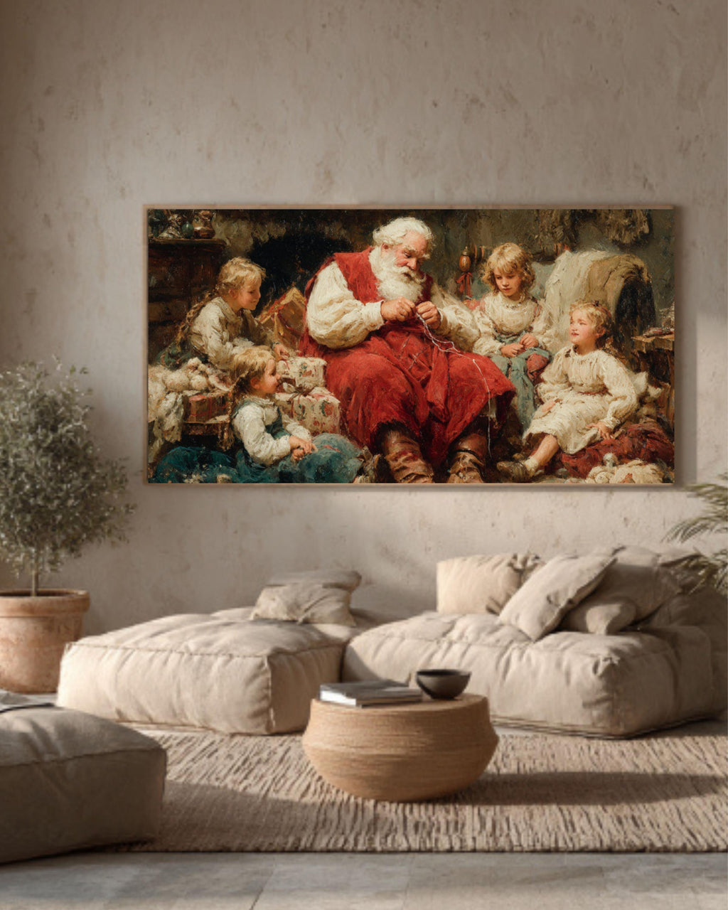 Vintage Santa Christmas Canvas Art – Holiday Cottage Scene