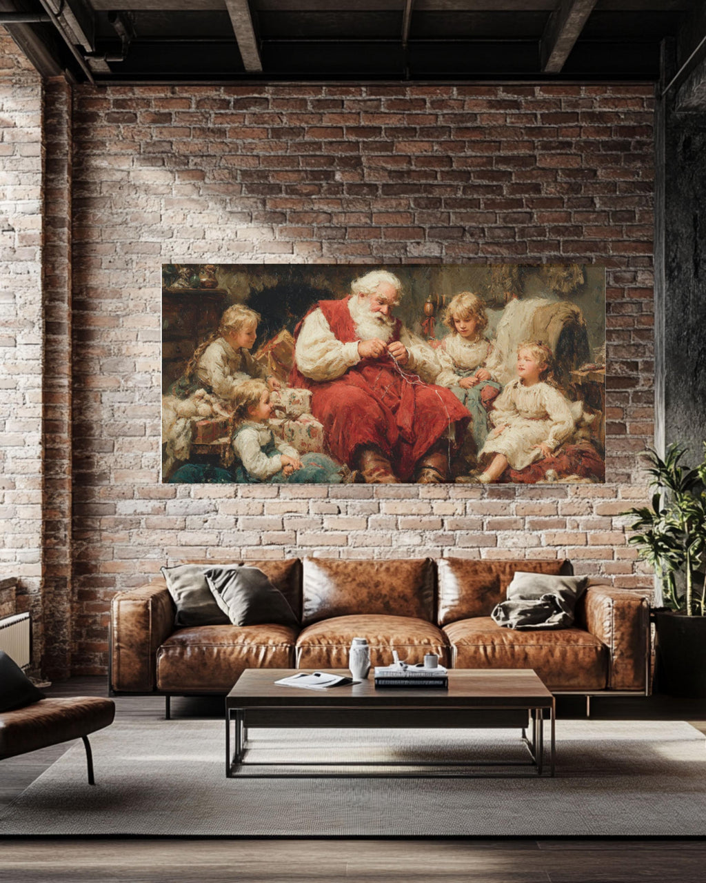 Vintage Santa Christmas Canvas Art – Holiday Cottage Scene