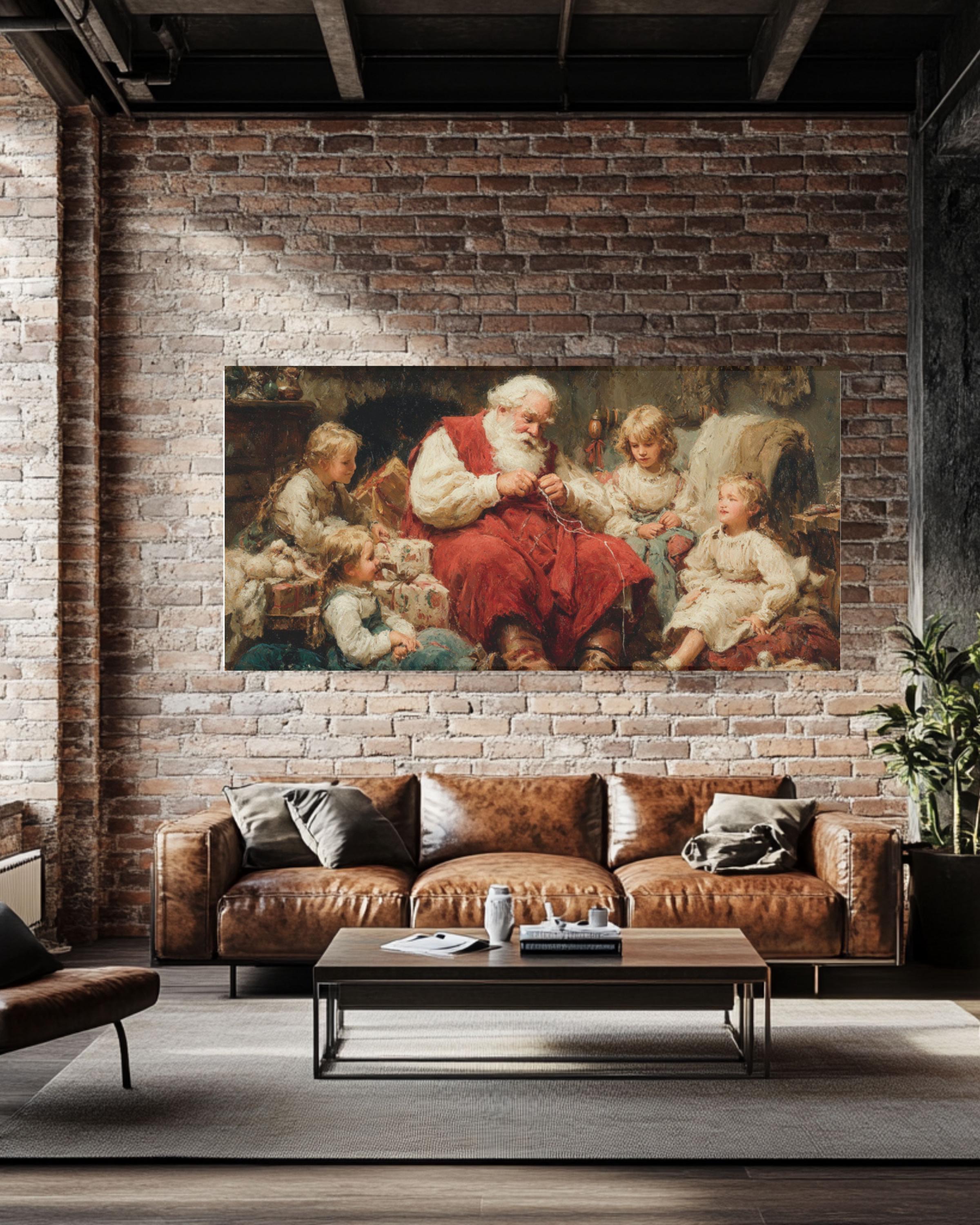 Vintage Santa Christmas Canvas Art – Holiday Cottage Scene
