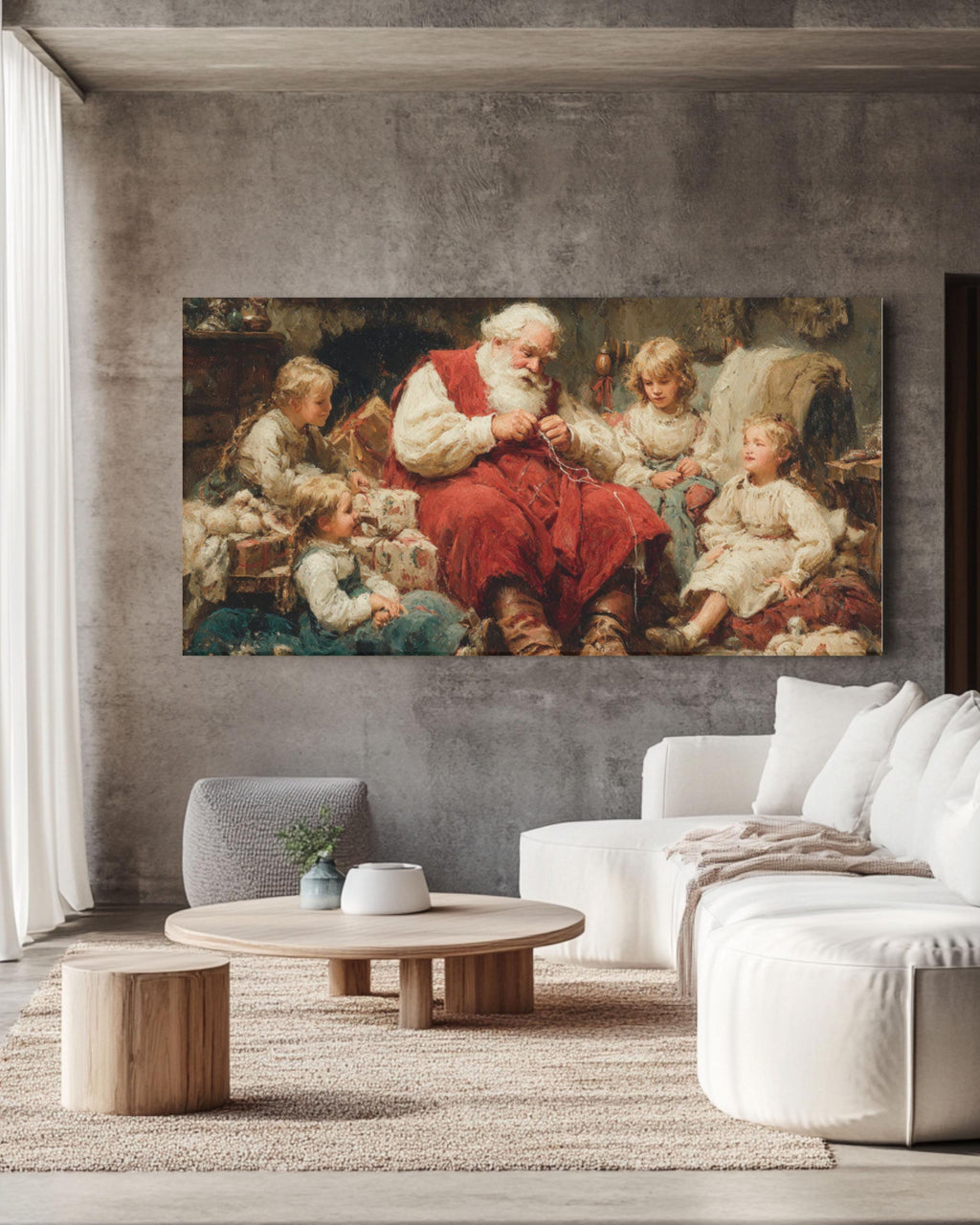 Vintage Santa Christmas Canvas Art – Holiday Cottage Scene