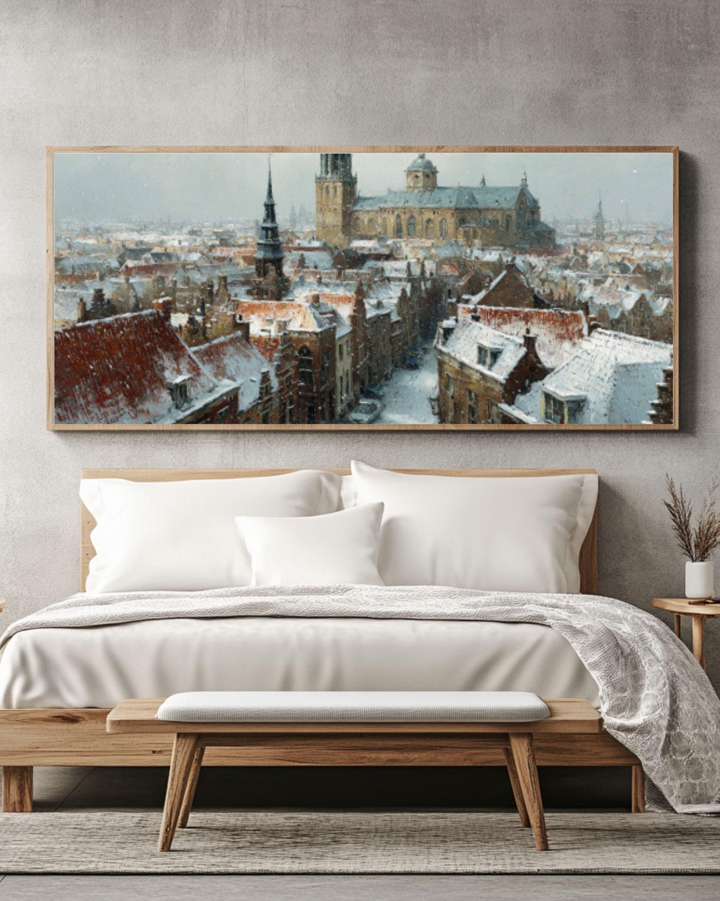 Snowy Dutch Town Canvas Art – Winter Landscape Painting