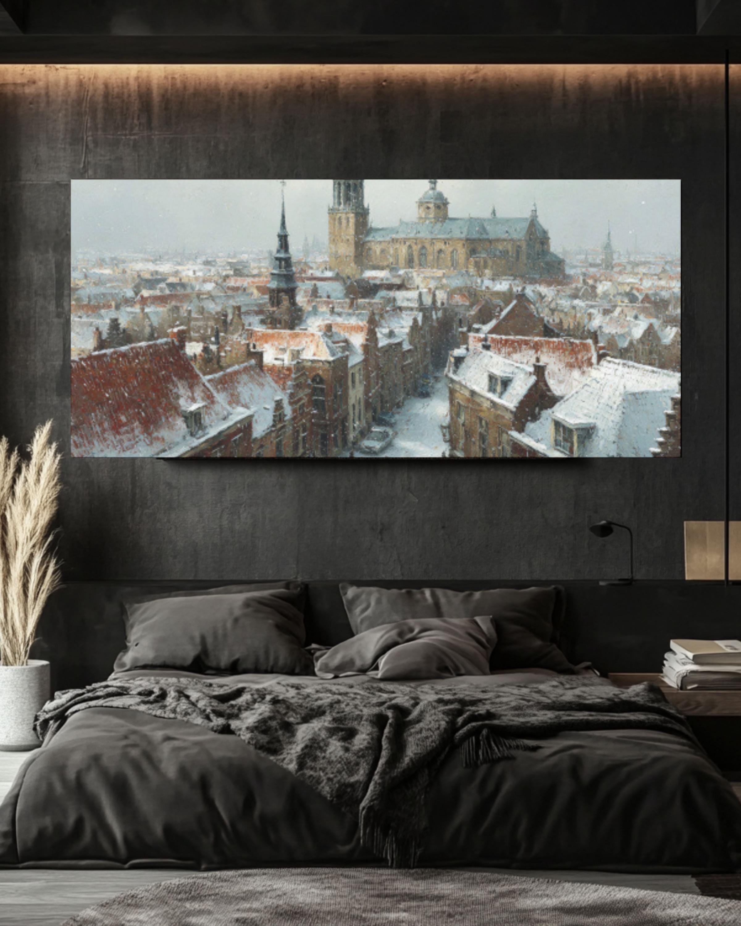 Snowy Dutch Town Canvas Art – Winter Landscape Painting