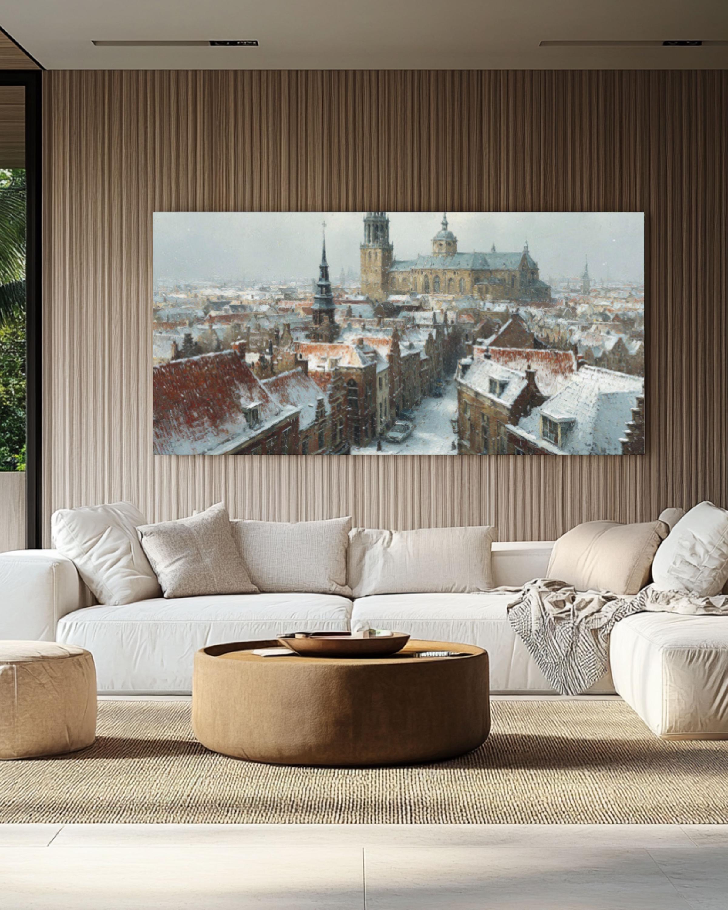 Snowy Dutch Town Canvas Art – Winter Landscape Painting