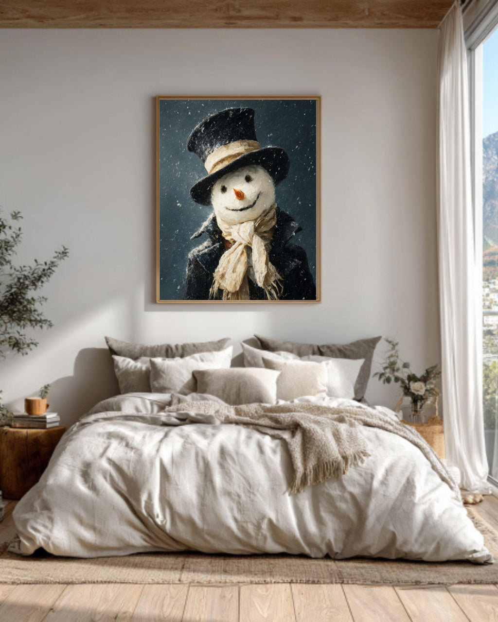 Smiling Snowman Winter Canvas Wall Art – Whimsical Holiday Painting