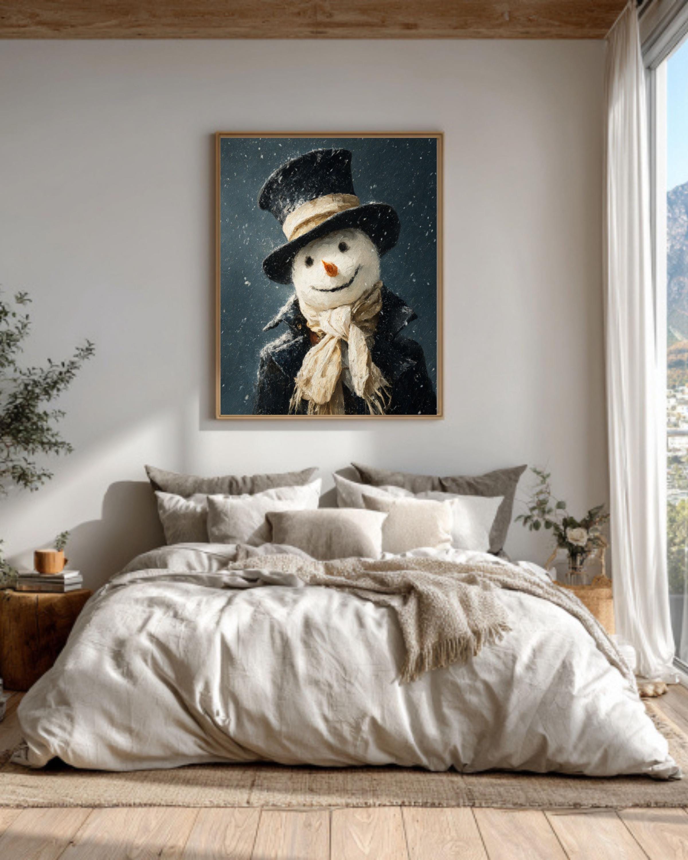 Smiling Snowman Winter Canvas Wall Art – Whimsical Holiday Painting