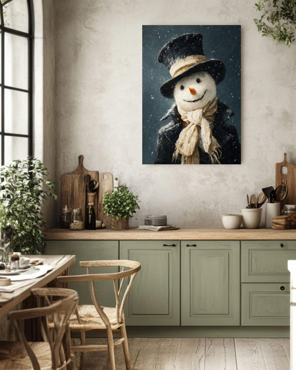 Smiling Snowman Winter Canvas Wall Art – Whimsical Holiday Painting
