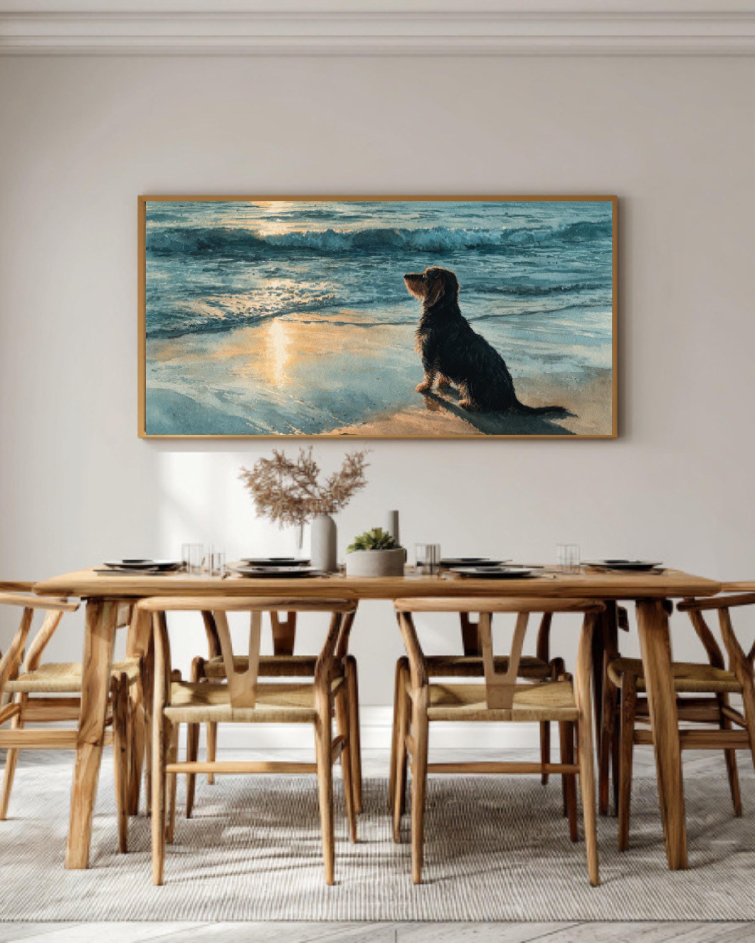 Dachshund Beach Watercolor Canvas Wall Art – Coastal Dog Art Print
