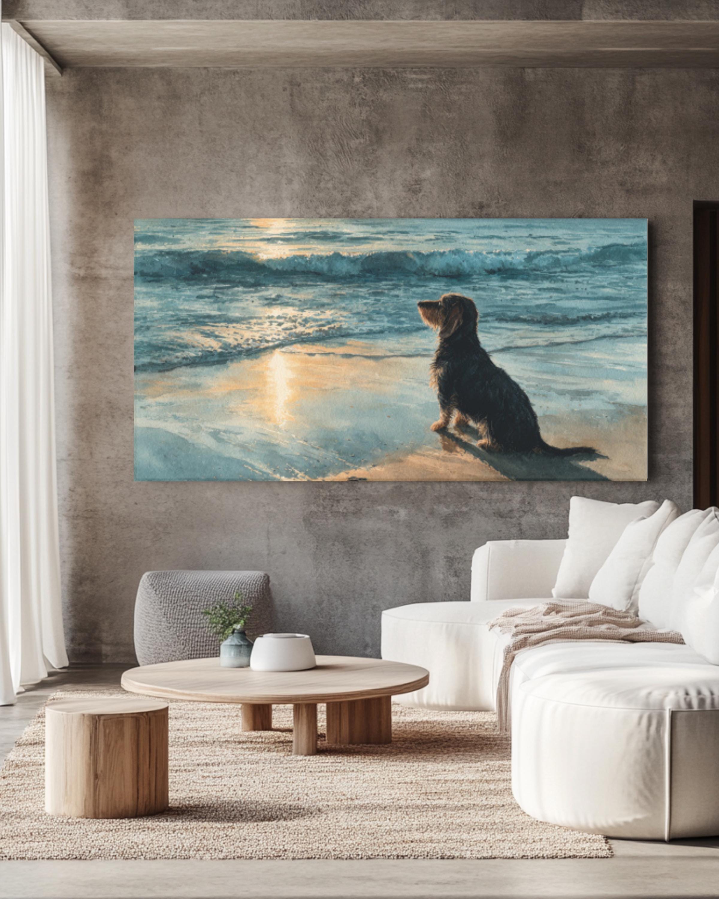Dachshund Beach Watercolor Canvas Wall Art – Coastal Dog Art Print