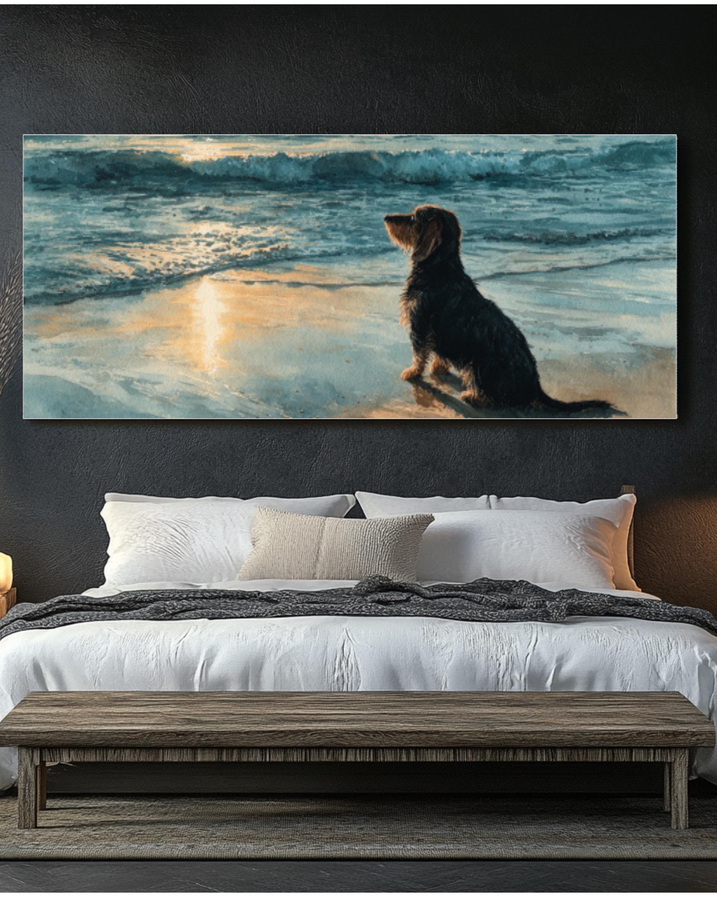 Dachshund Beach Watercolor Canvas Wall Art – Coastal Dog Art Print