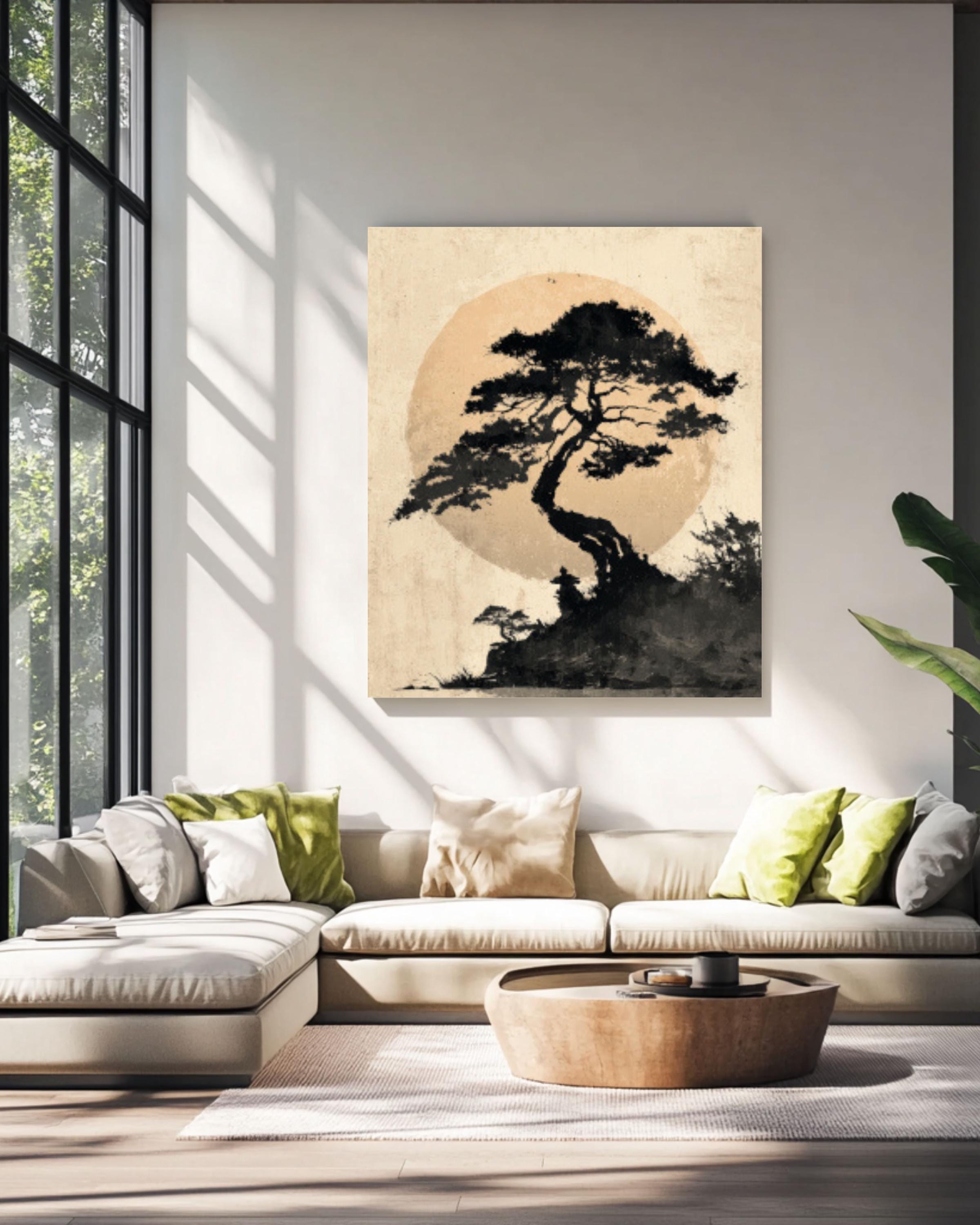 Japanese Tree and Moon Ink Wash Canvas Wall Art – Minimalist Zen Art