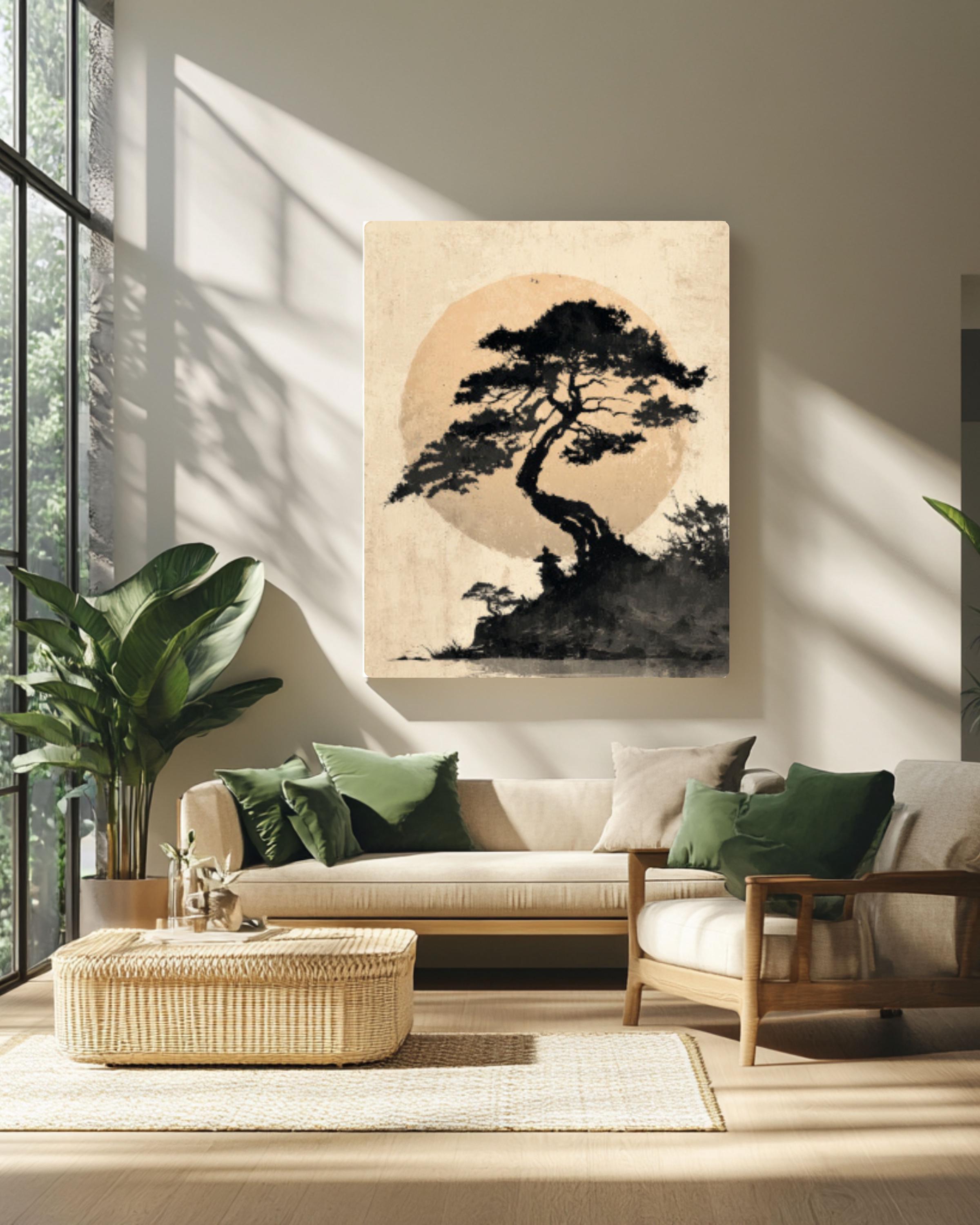 Japanese Tree and Moon Ink Wash Canvas Wall Art – Minimalist Zen Art