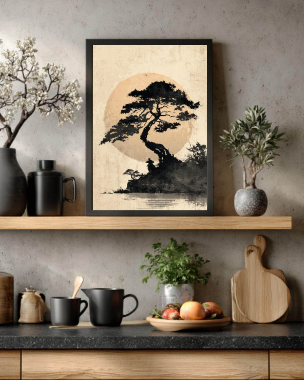 Japanese Tree and Moon Ink Wash Canvas Wall Art – Minimalist Zen Art