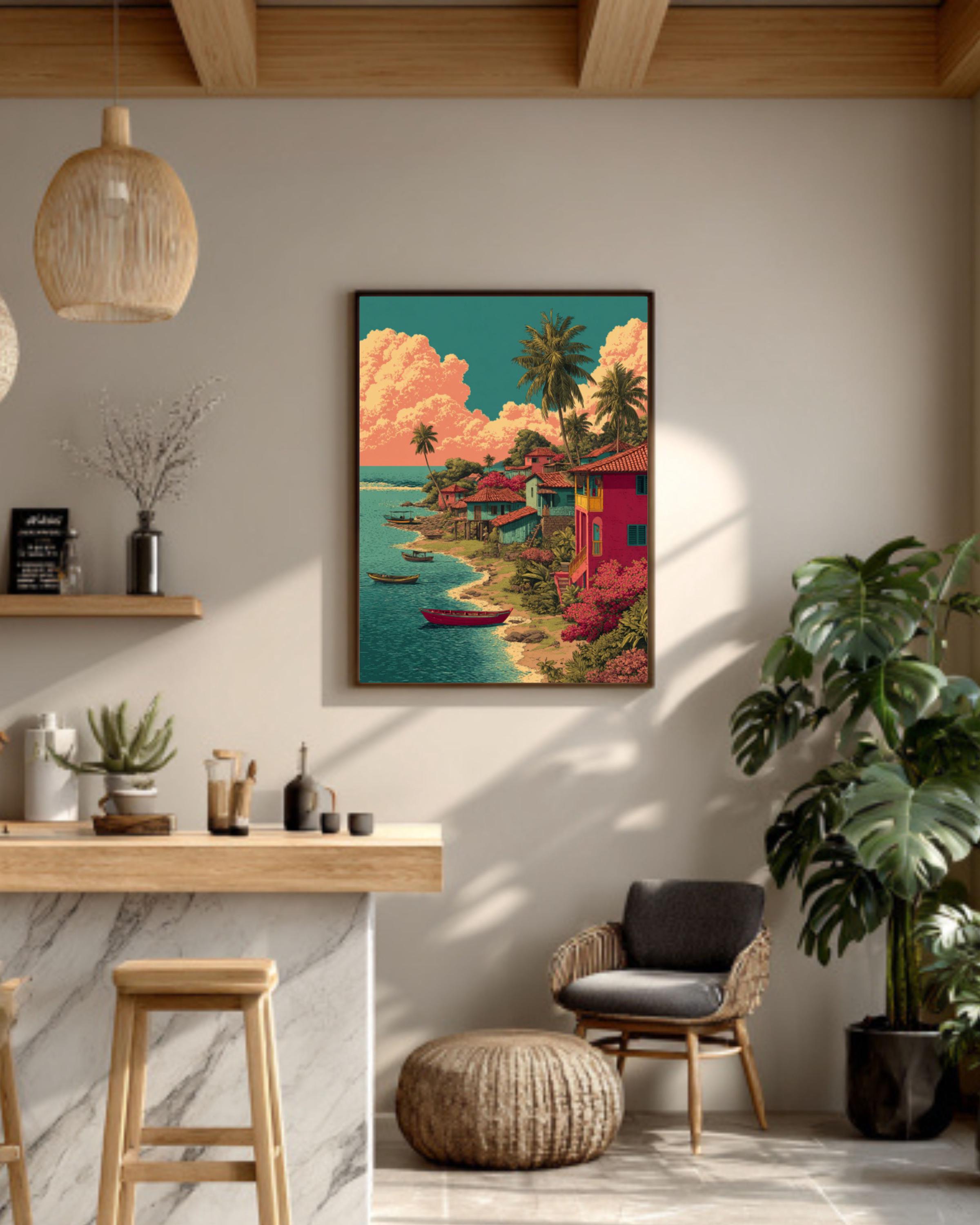 El Salvador Landscape Art: Colorful River Village Canvas Print Canvas Wall Art Print – Premium Home Decor