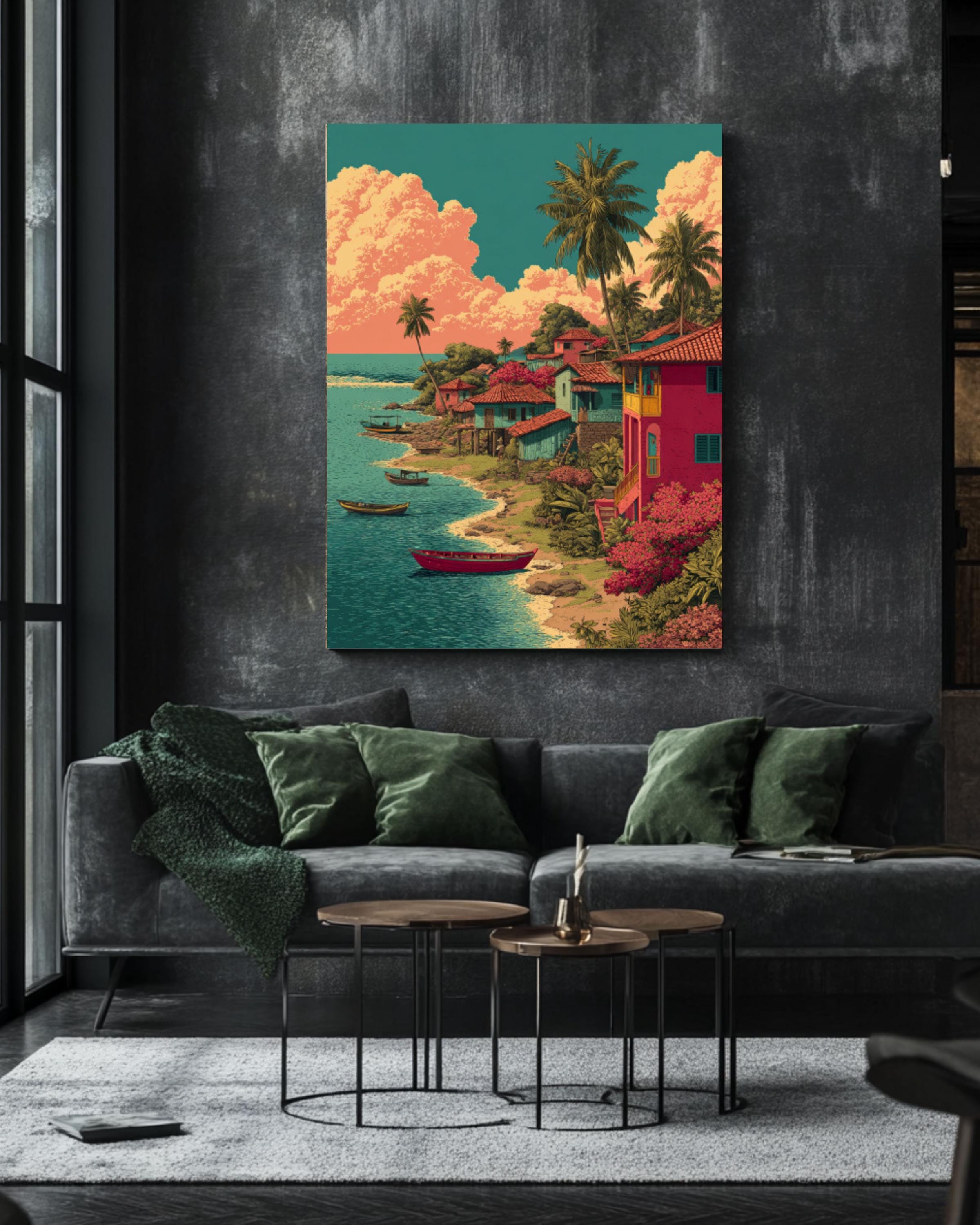 El Salvador Landscape Art: Colorful River Village Canvas Print Canvas Wall Art Print – Premium Home Decor
